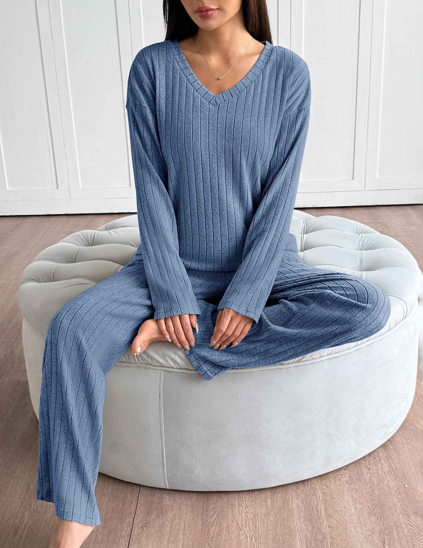 Ekouaer Lounge Sets for Women Long Sleeve Knit Ribbed Pajama Sets 2 Piece Casual Loungewear with Pockets