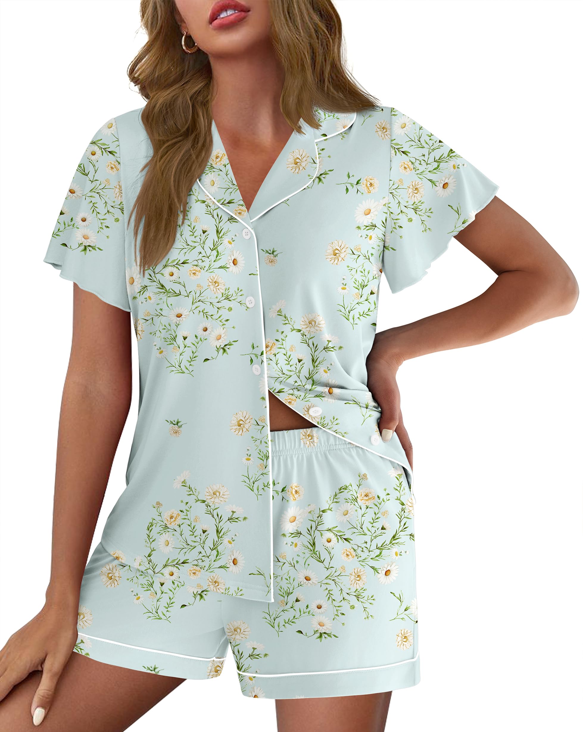 Ekouaer Pajamas for Women Set Button Up Bridal Pjs Ruffle Sleeve