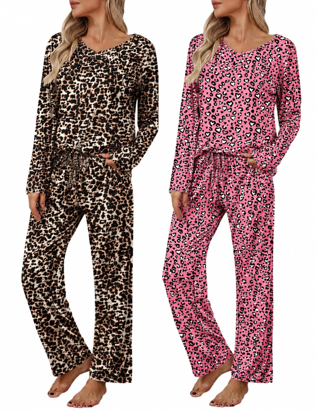2 Pack: Women's Long Sleeve Pajama Sets - V Neck Top and Pants Lounge sets