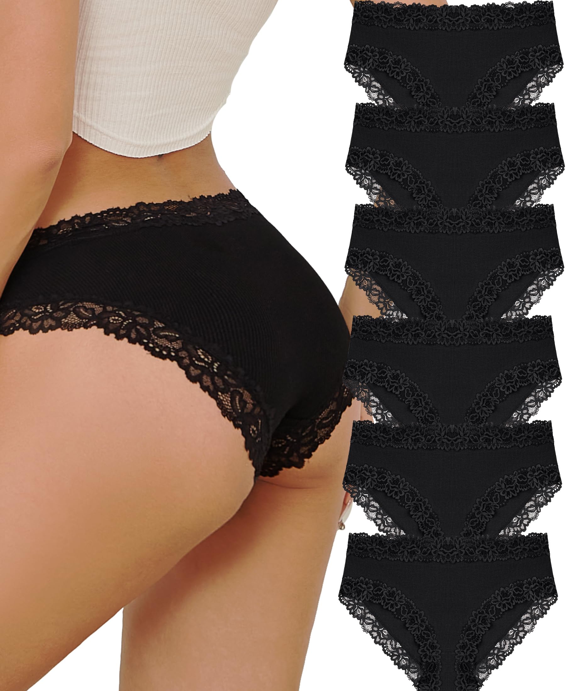 Knowyou Cotton Underwear for Women No Roll Soft Panties No Dig Lace Waist Hipster Breathable Cheeky Lingerie for Women