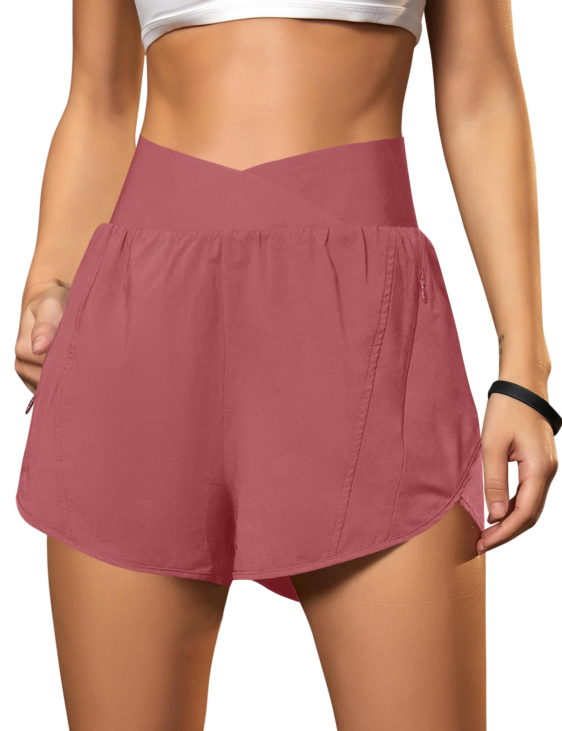 Blooming Jelly Women's Workout Shorts Athletic Running Shorts Crossover High Waisted Gym Shorts with Zipper Pockets