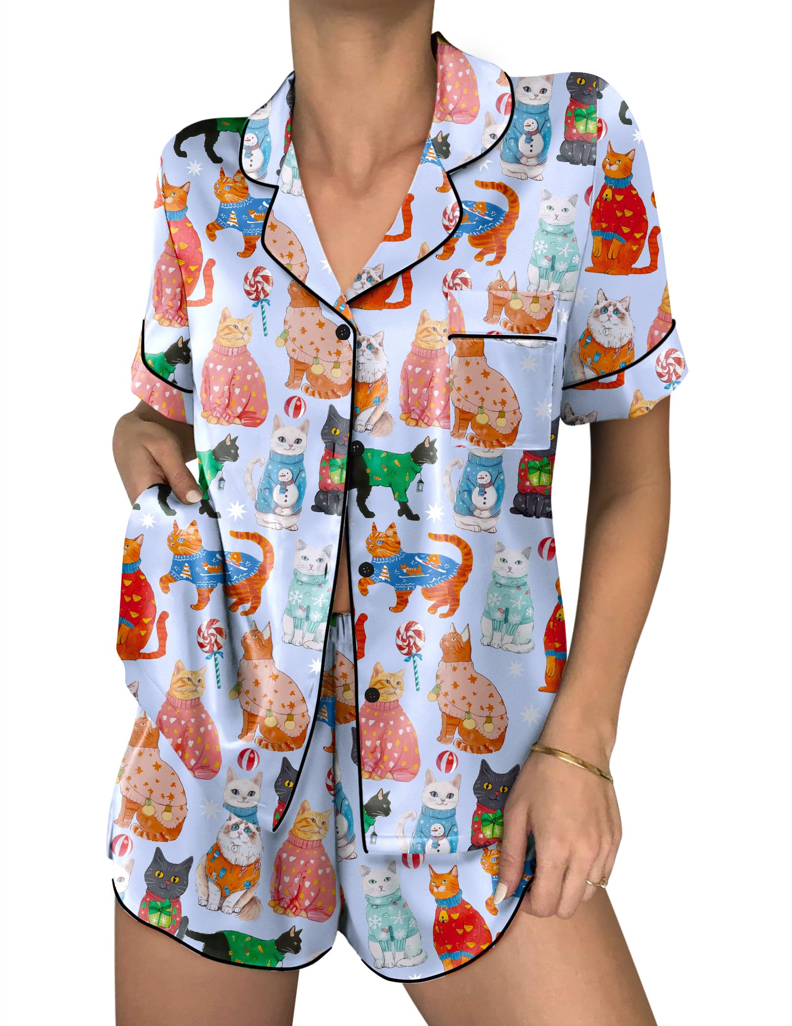 Ekouaer Women Satin Pajama Sets Cute Print Silk Pjs Shorts Sets S-4XL