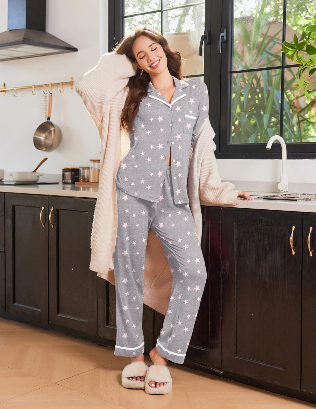 Ekouaer Womens Pajama Sets Long Sleeve Button Down Lounge Sets with Pockets