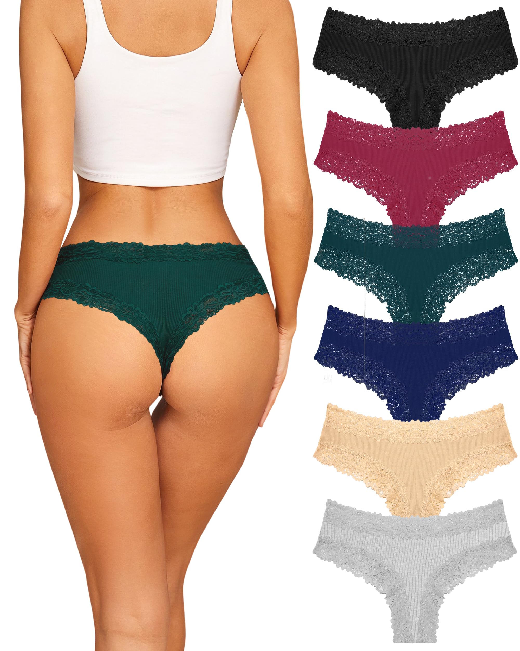 Sth Big Womens Cotton Underwear Sexy Lace Brazilian Panties Soft Breathable Cotton Bikini for Ladies 6 Pack