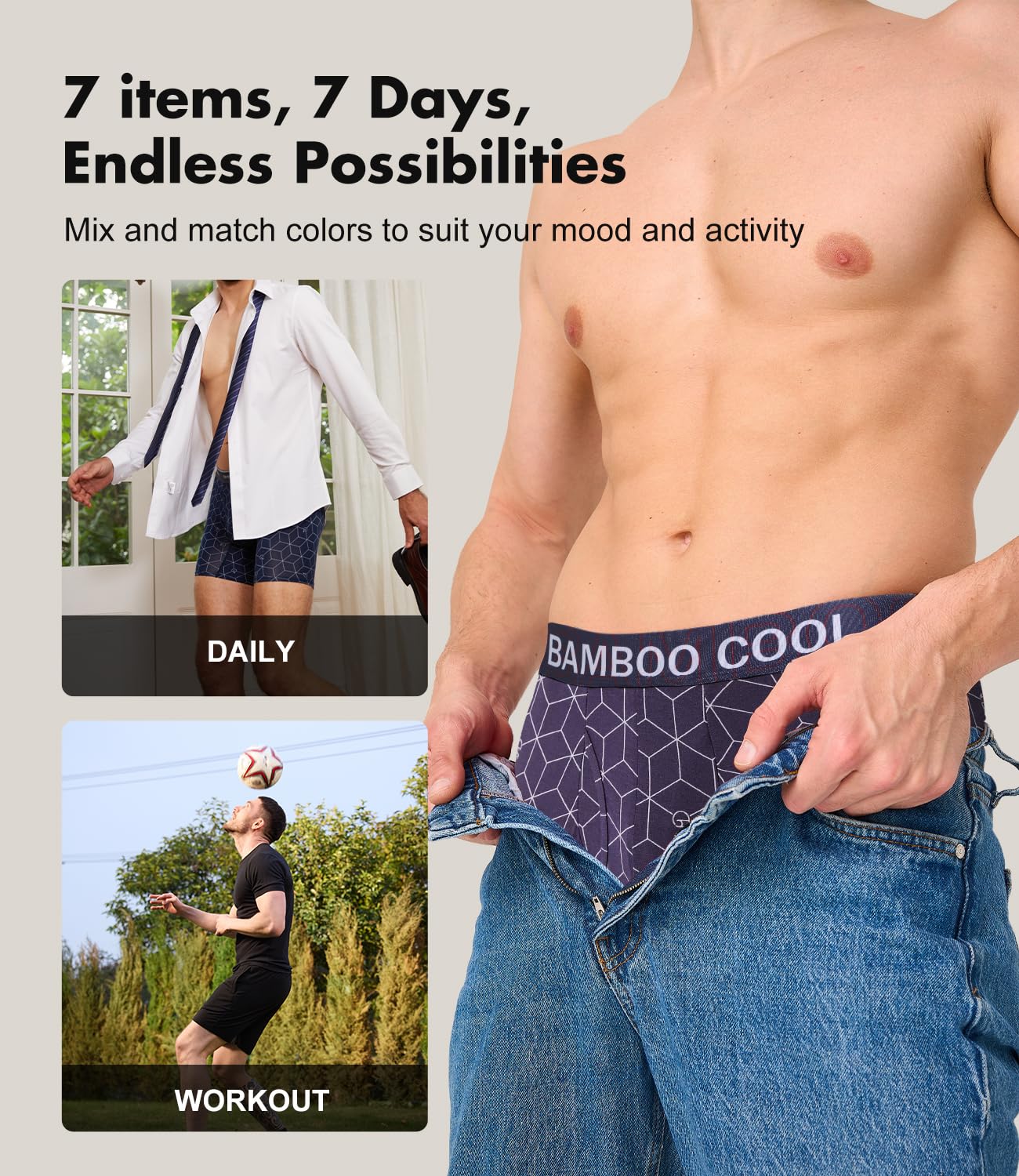 BAMBOO COOL Men's Underwear Boxer Briefs Fly with Built-in 3D Pouch Comfortable Cool Underwear for Men 4 Pack