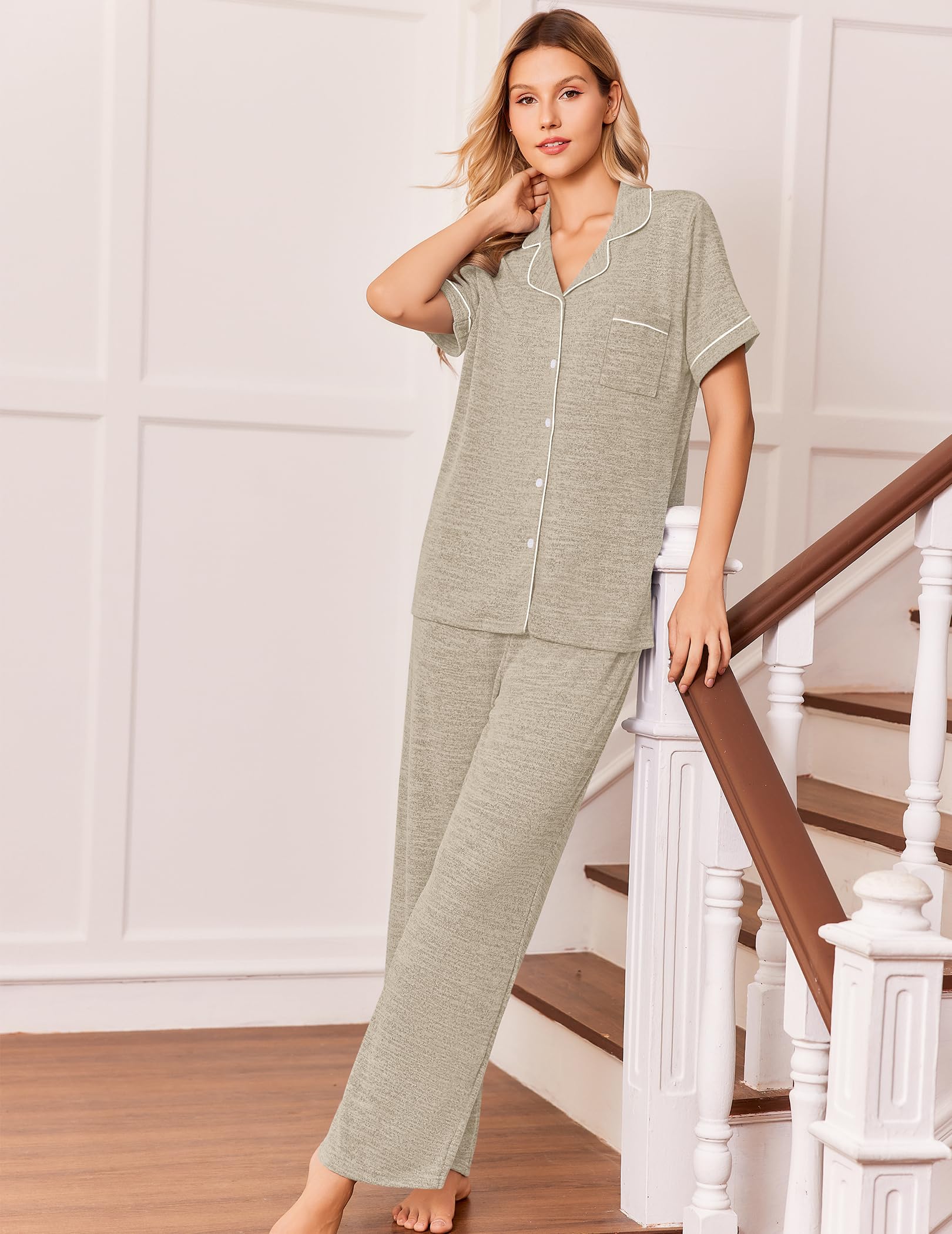 Ekouaer Pajamas for Women Set Short Sleeve Long Pants 2 Piece Lounge Set