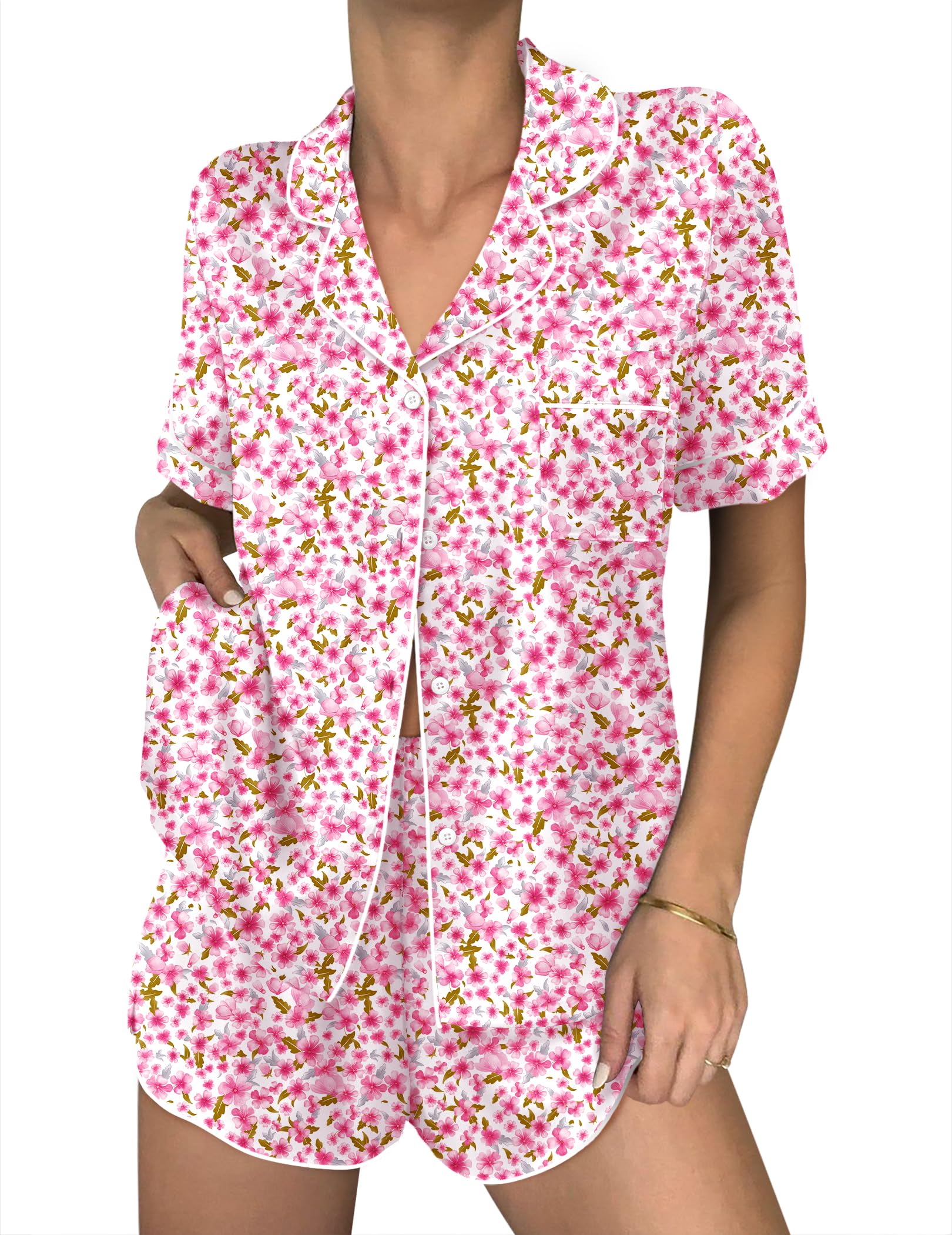 Ekouaer Women Satin Pajama Sets Cute Print Silk Pjs Shorts Sets S-4XL