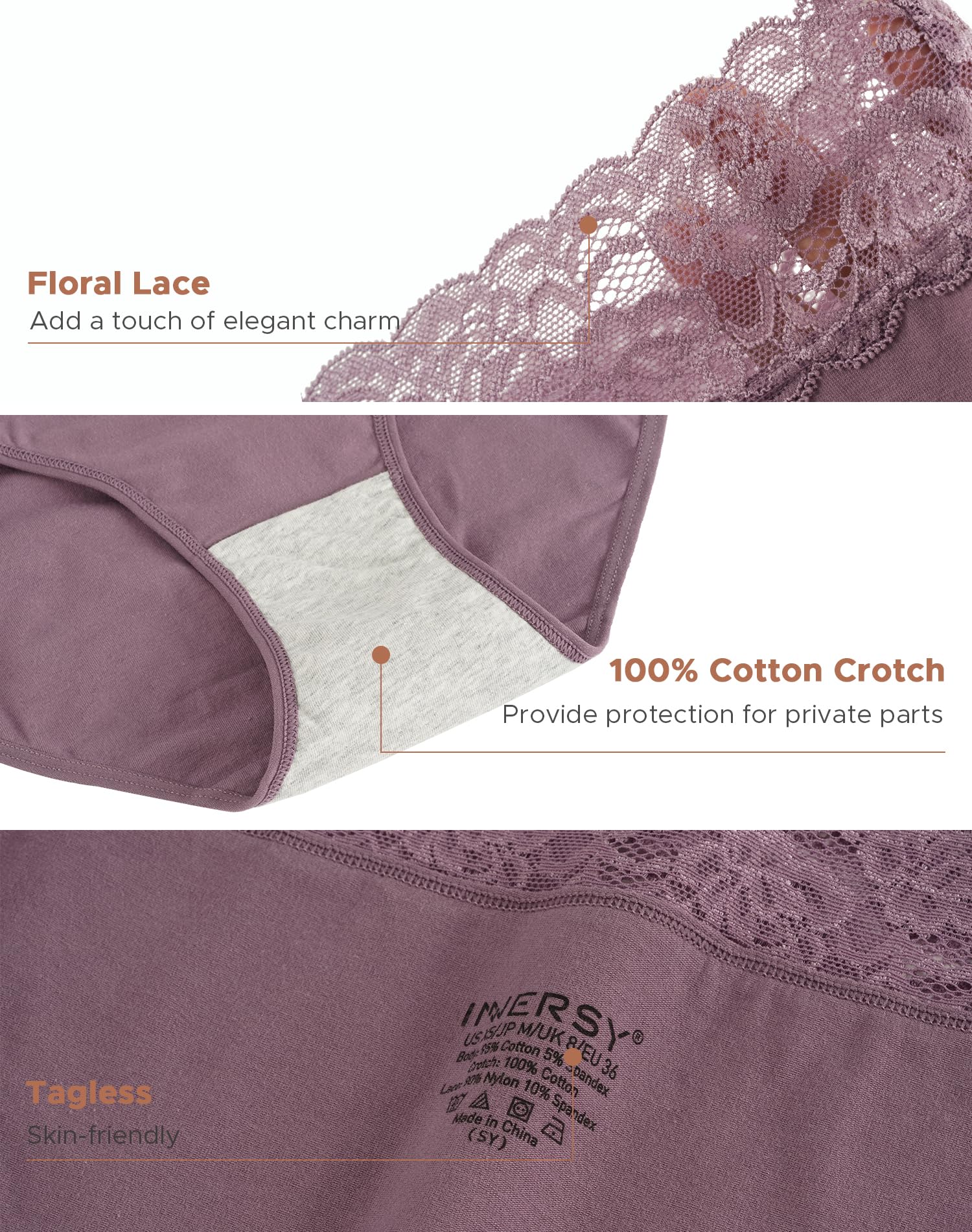 INNERSY Women's Cotton Underwear Lace High Waisted Panties 5-Pack