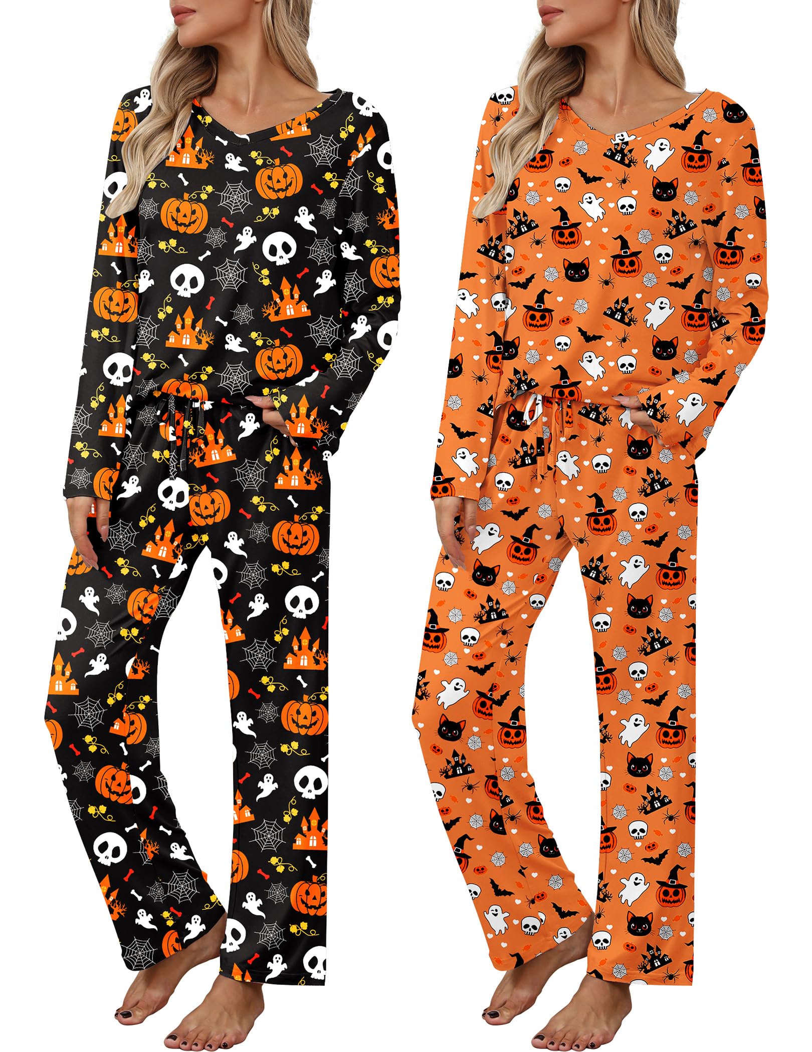 2 Pack: Women's Long Sleeve Pajama Sets - V Neck Top and Pants Lounge sets
