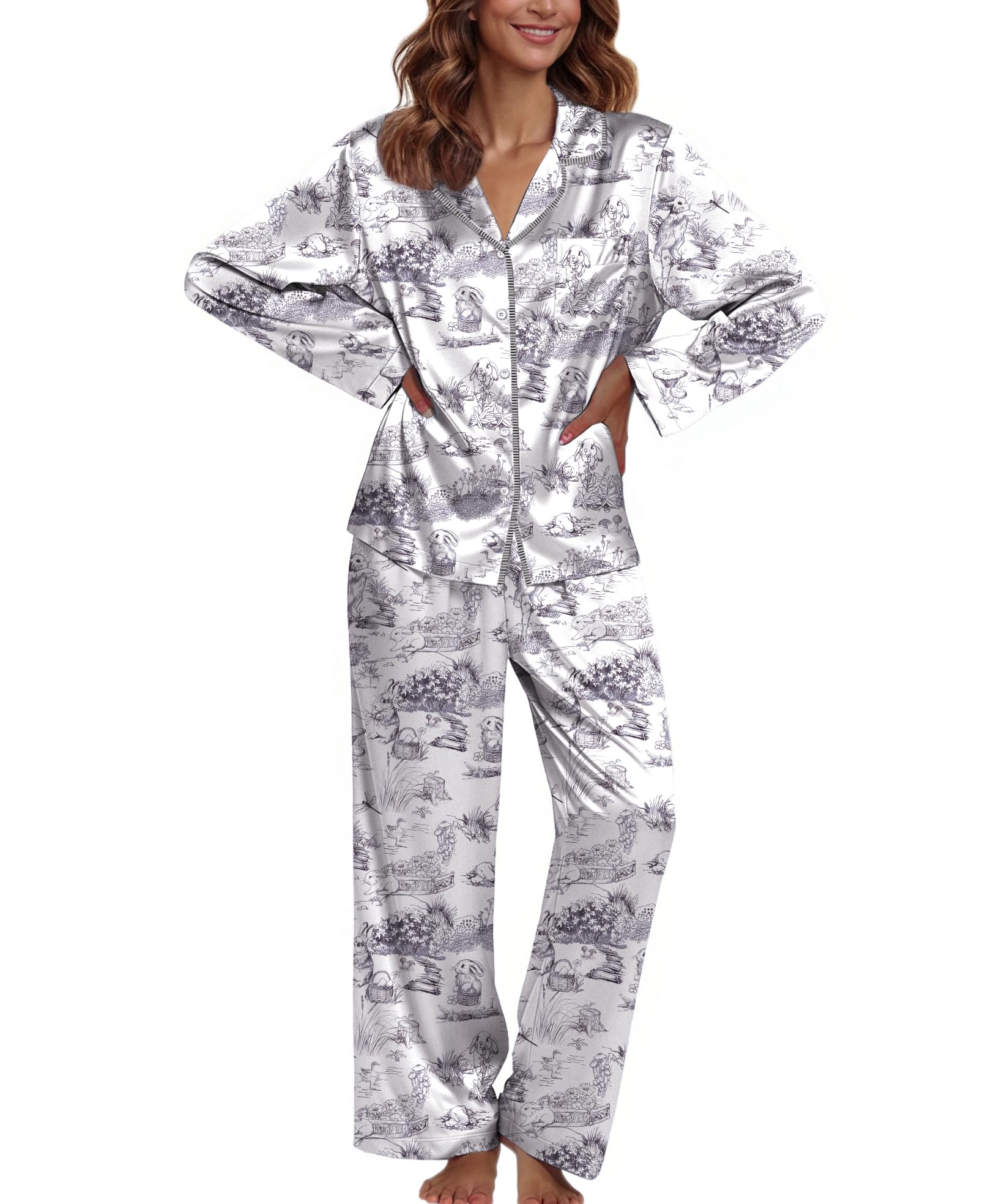Ekouaer Pajamas For Women Silk Pjs Long Sleeve Button Down Lounge Sets