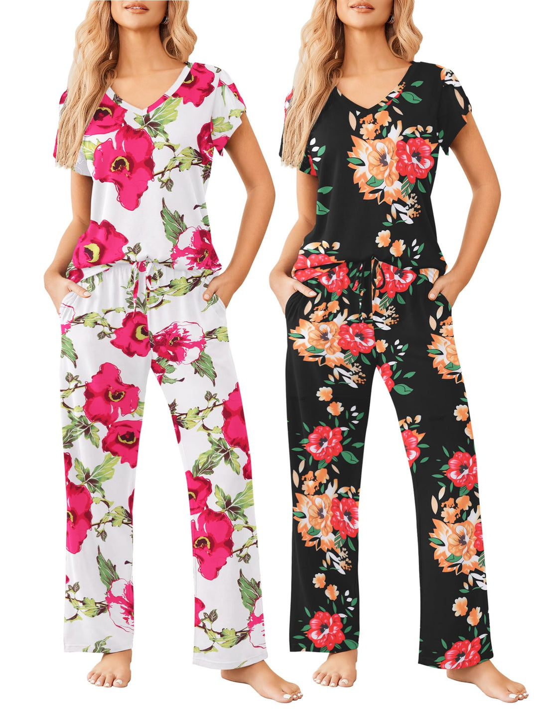 Ekouaer 2 Pack Womens Pajama Set Short Sleeve Sleepwear Soft Pjs Lounge Set