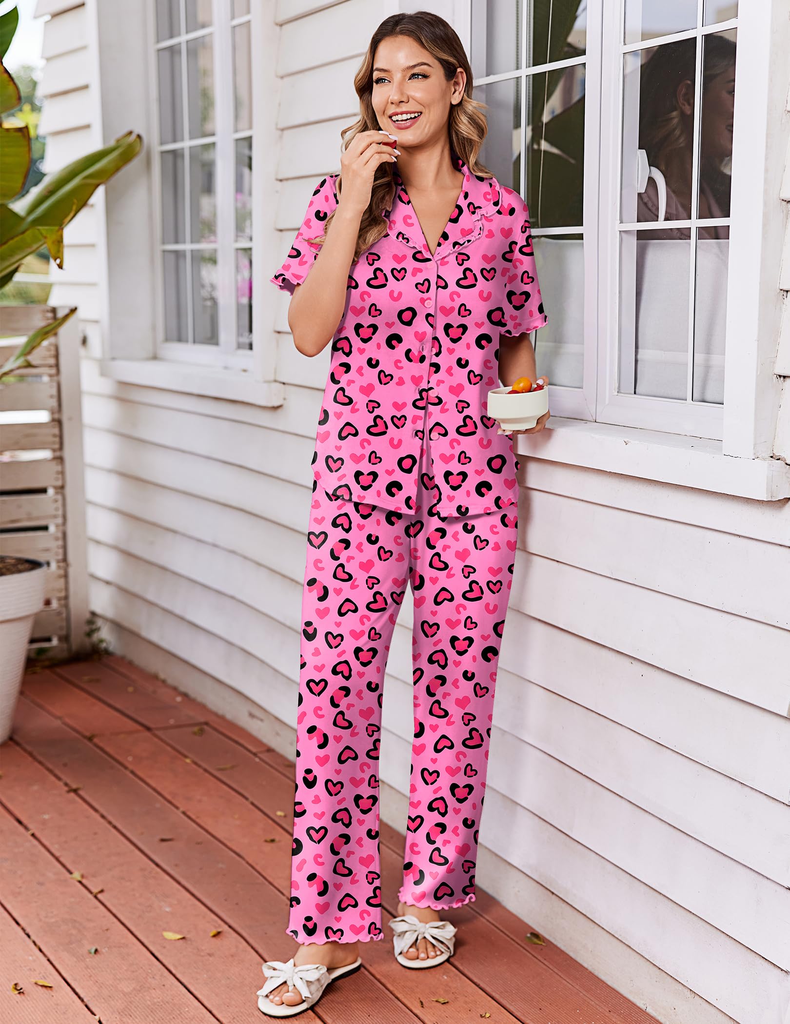 Ekouaer Womens Pajama Sets Short Sleeve Printed PJs Button Down Sleepwear