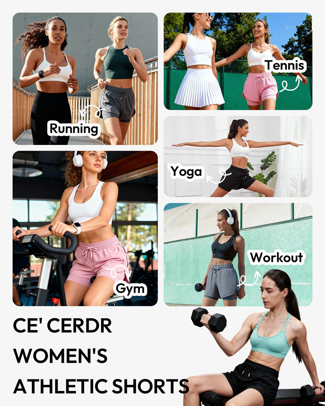 CE' CERDR 5 Pack Women's 2 in 1 Running Shorts High Waisted Athletic Workout Short for Gym Yoga with Liner 4 Pockets
