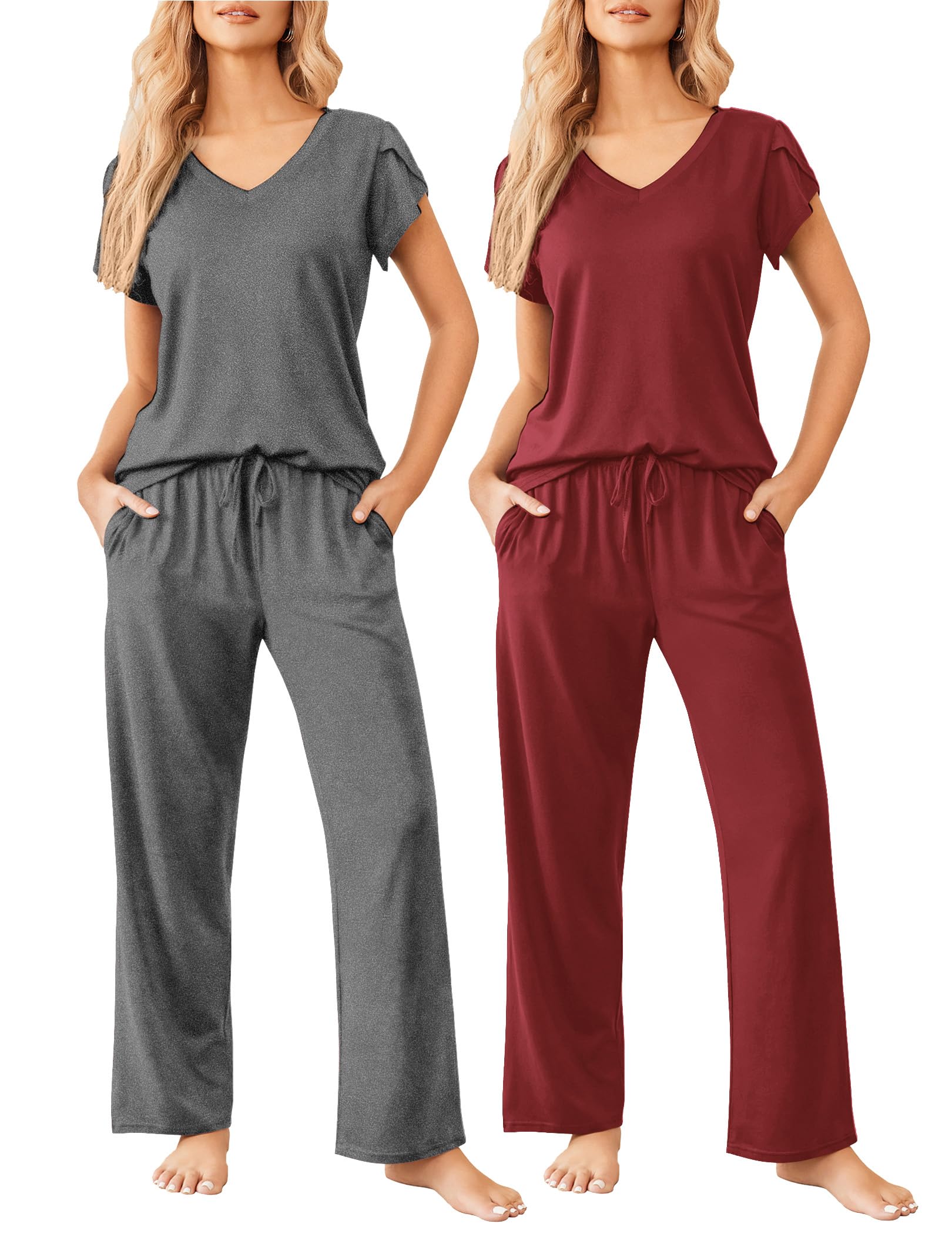 Ekouaer 2 Pack Womens Pajama Set Short Sleeve Sleepwear Soft Pjs Lounge Set