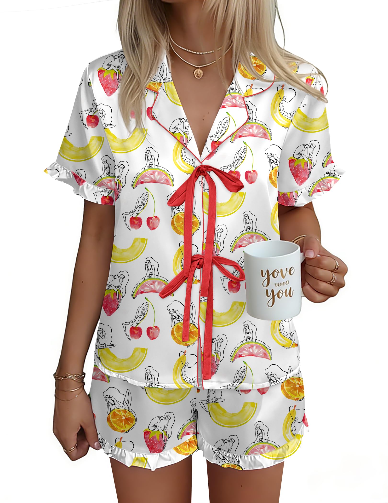 Ekouaer Satin Pajama for Women Short Sleeve Silky Pj Short Sets Lounge Set