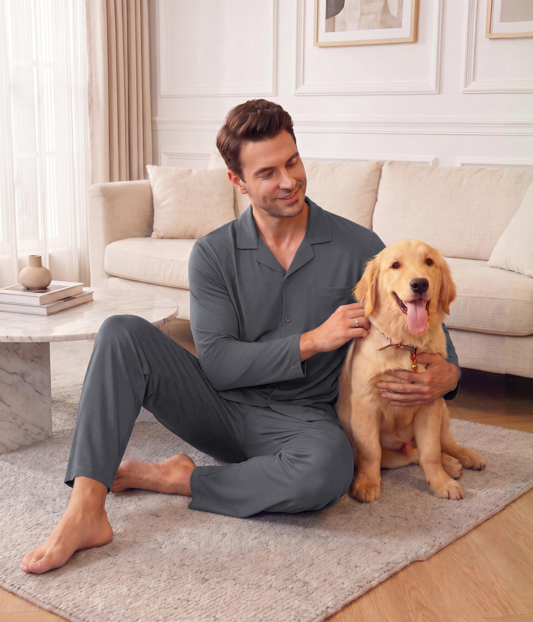 Ekouaer Mens Pajamas Set Long Sleeve Button Down Pjs Long Pants with Pocket