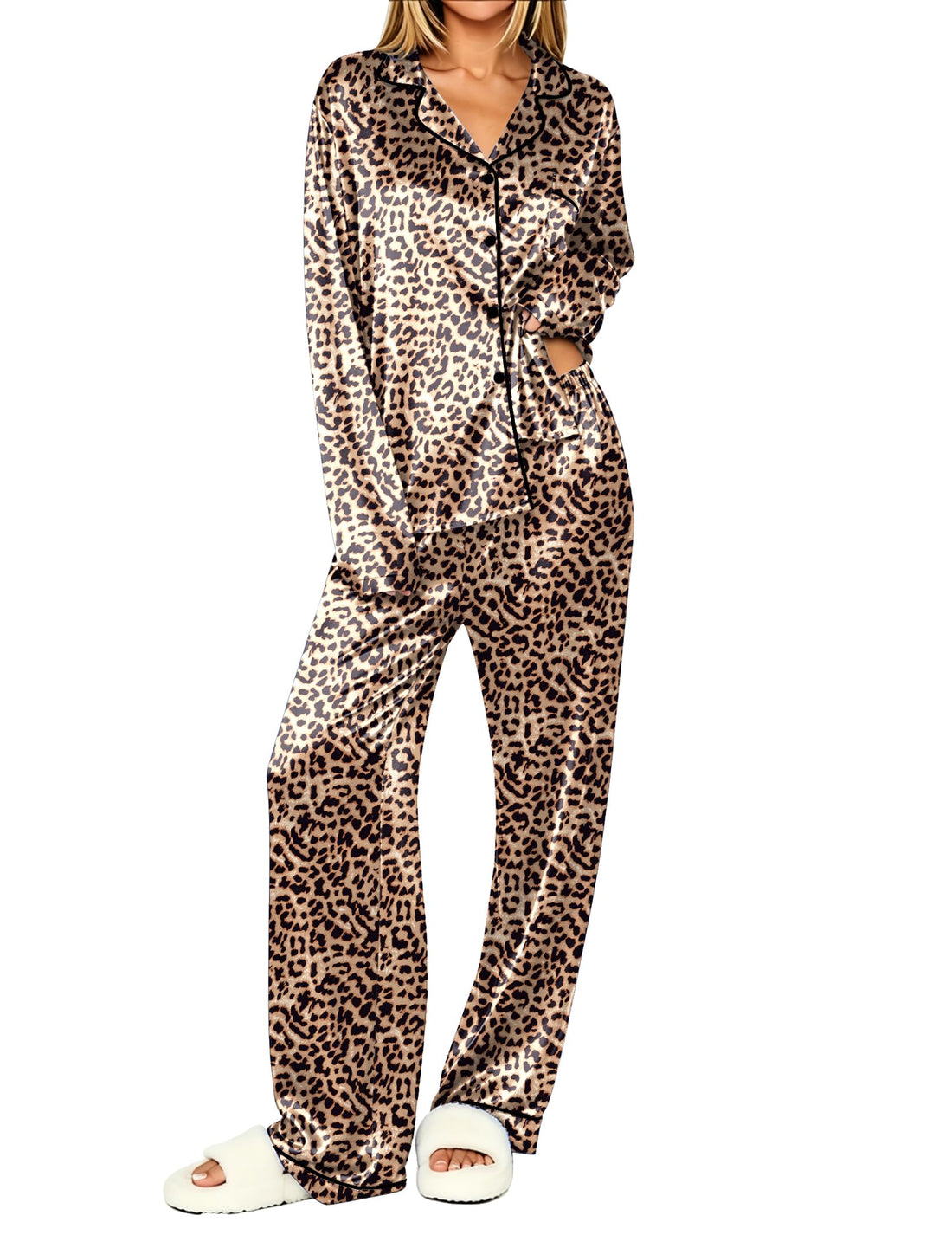 Ekouaer Womens Pajamas Silk Satin Long Sleeve Button Down Pjs Lounge Set