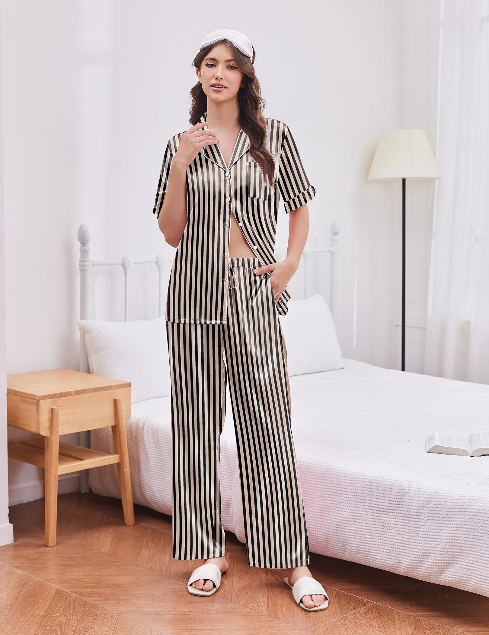 Ekouaer Silk Satin Pajamas for Women Set 2 Piece Short Sleeve Button Up Pjs