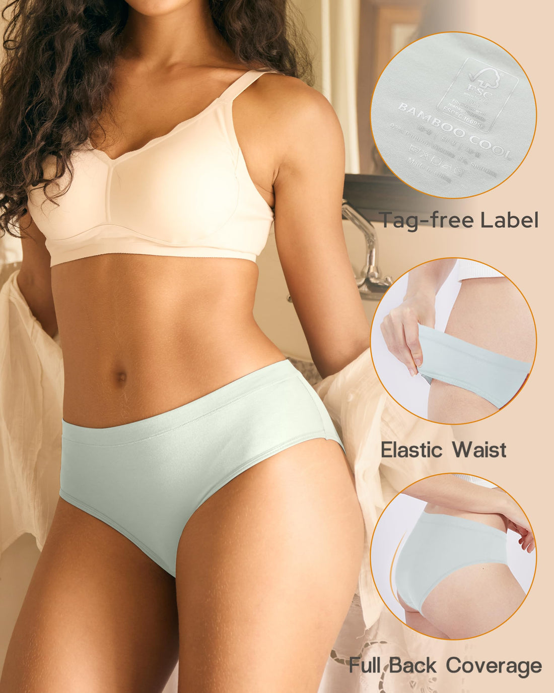 BAMBOO COOL Womens Underwear, Moisture-Wicking Briefs, Soft and Breathable Panties, Mid Waist, 5-Pack