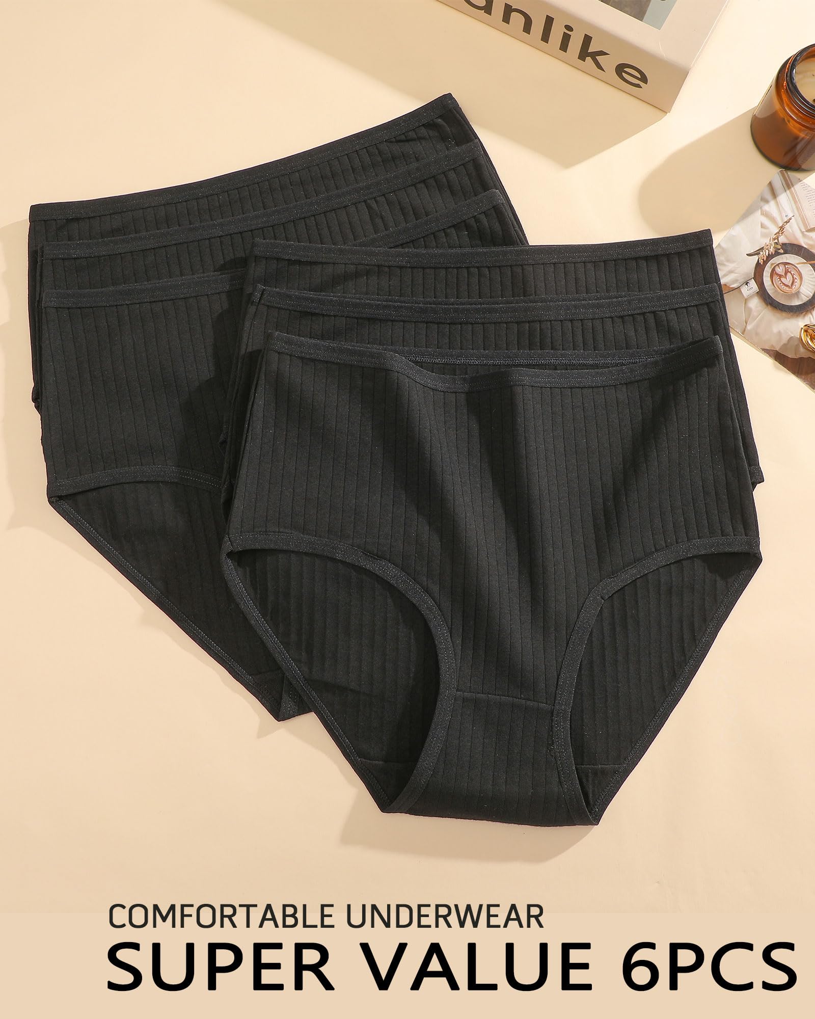 FINETOO Cotton Underwear for Women High Waisted Ribbed Full Coverage Briefs Soft Breathable Moisture Wicking Panties 6 Pack