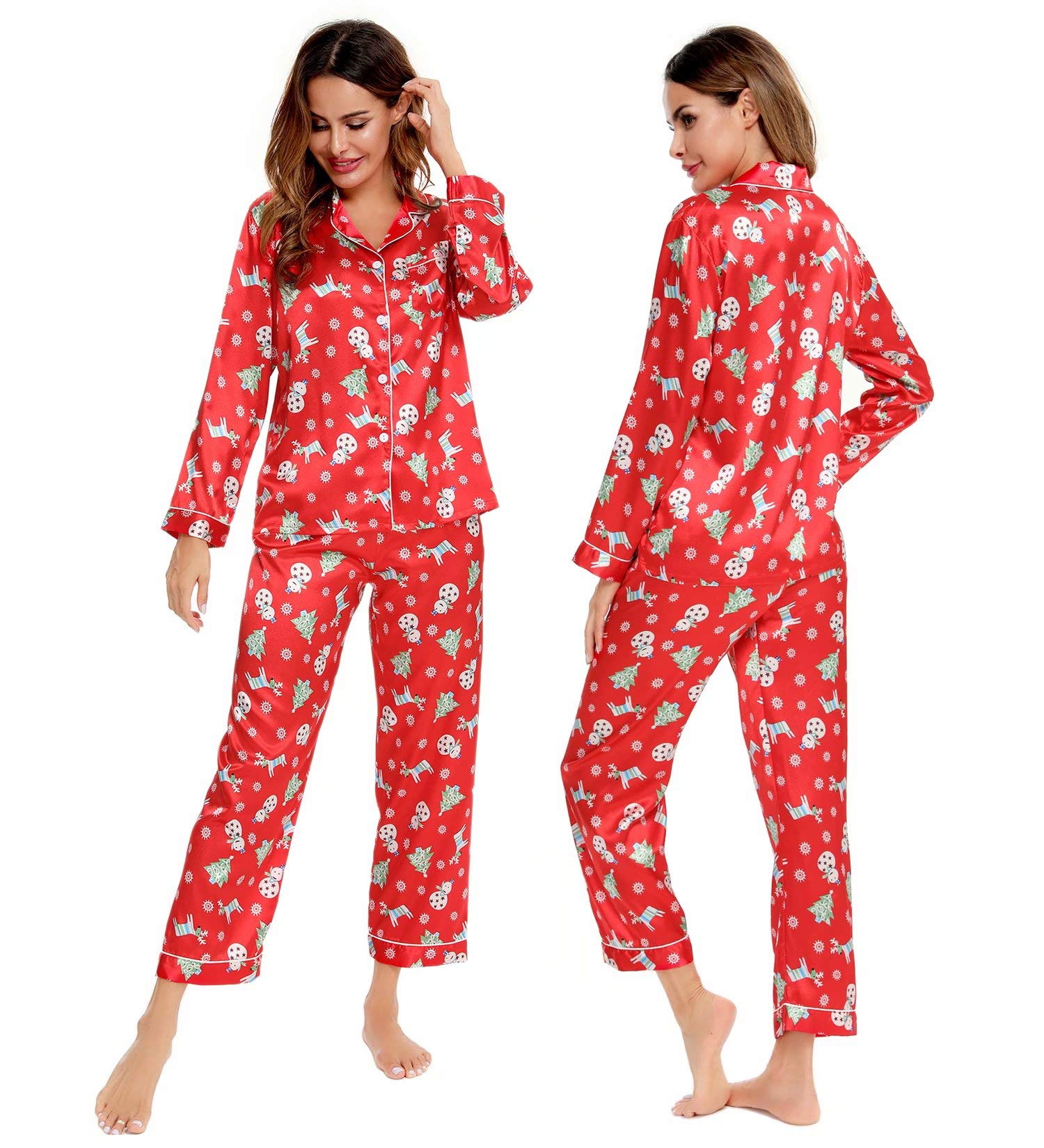 SWOMOG Womens Silk Satin Pajamas Set Long Sleeve Button Down Sleepwear 2 Piece Lounge Set Pj Set XS-3XL