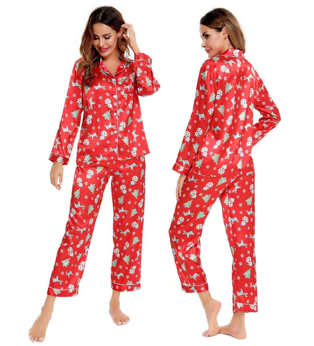 SWOMOG Womens Silk Satin Pajamas Set Long Sleeve Button Down Sleepwear 2 Piece Lounge Set Pj Set XS-3XL