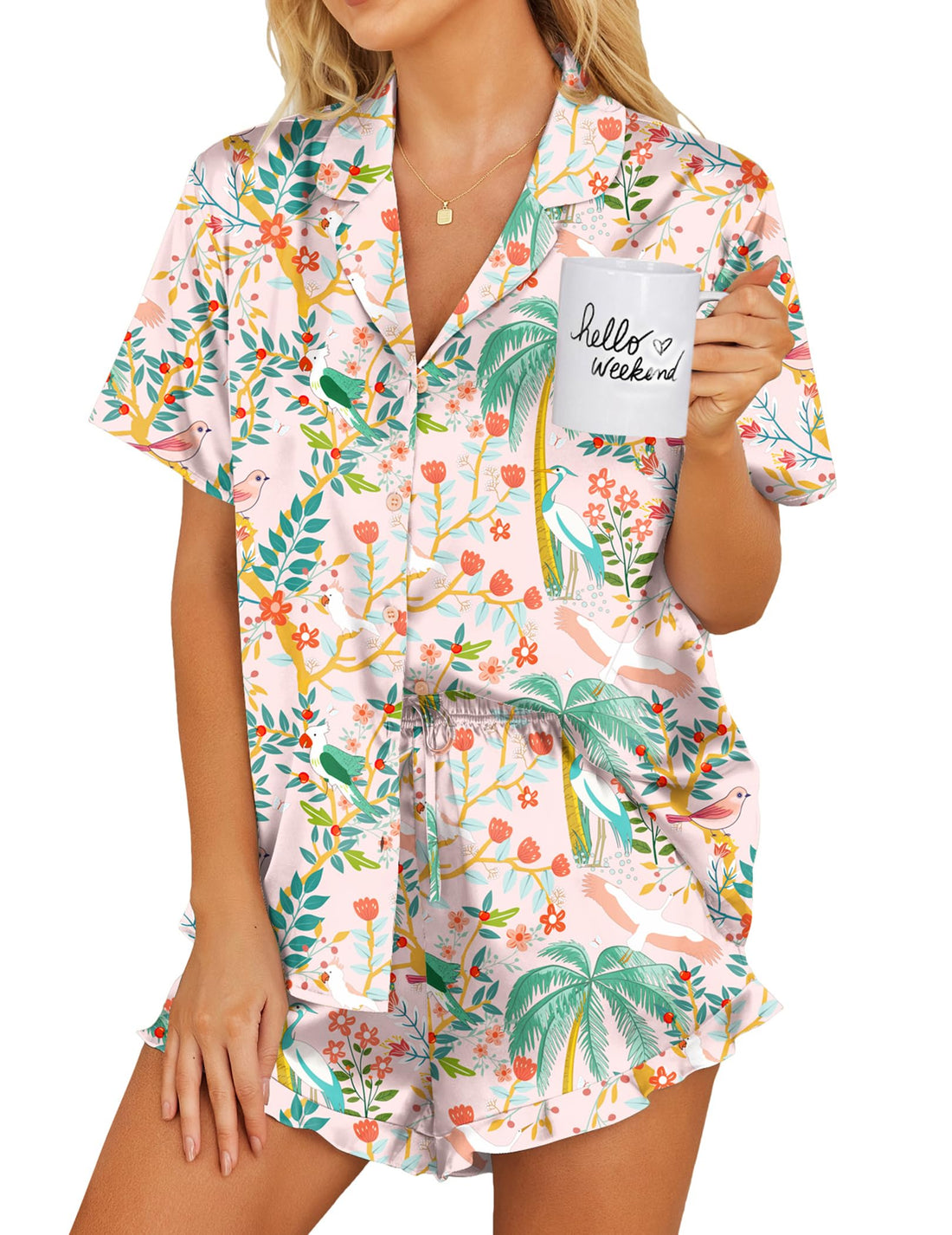 Ekouaer Womens Satin Pajamas Set Button Down Silk Pj Shorts Set with Ruffle