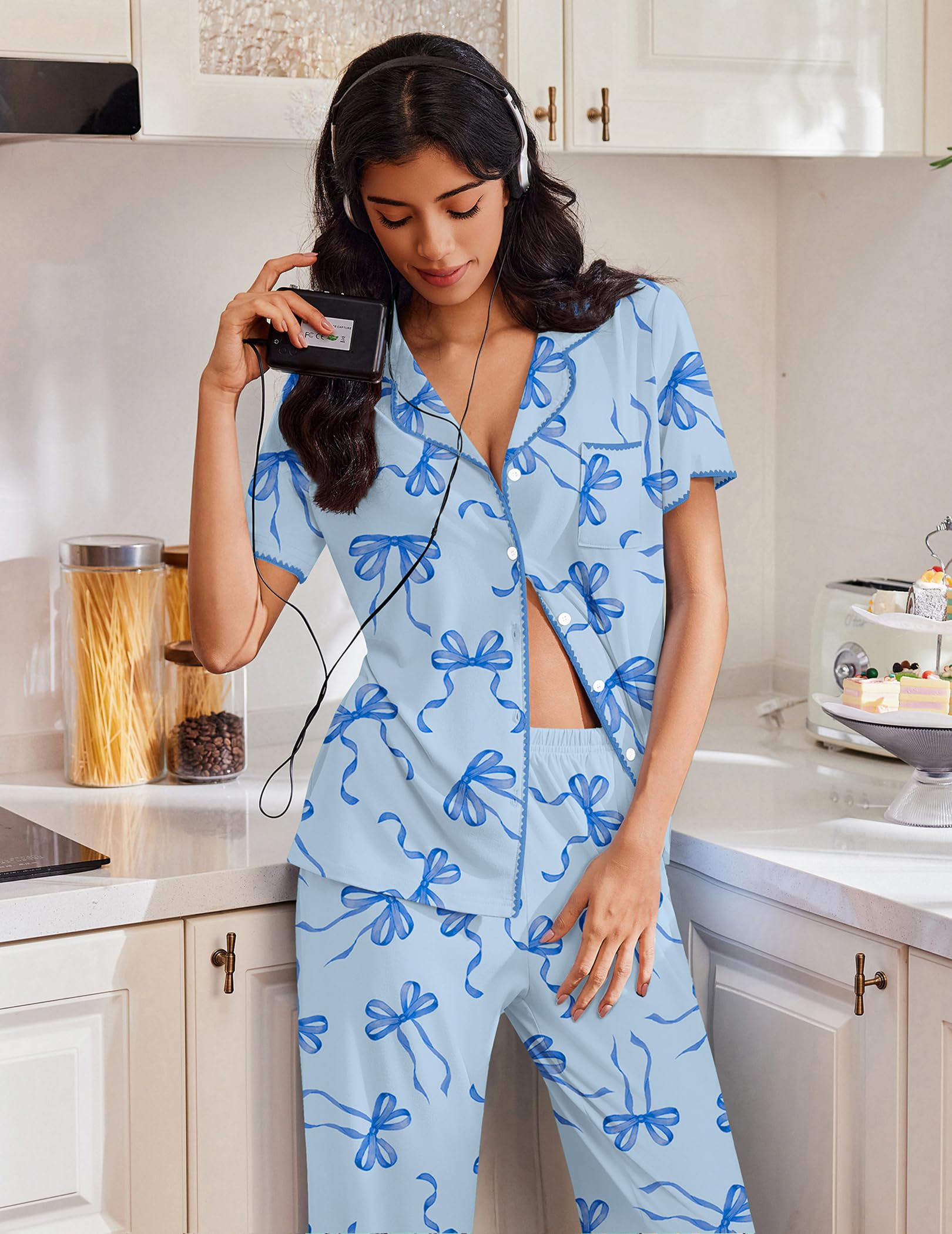 Ekouaer Pajamas for Women Set Button Up Soft Pjs Short Sleeve Lounge Sets