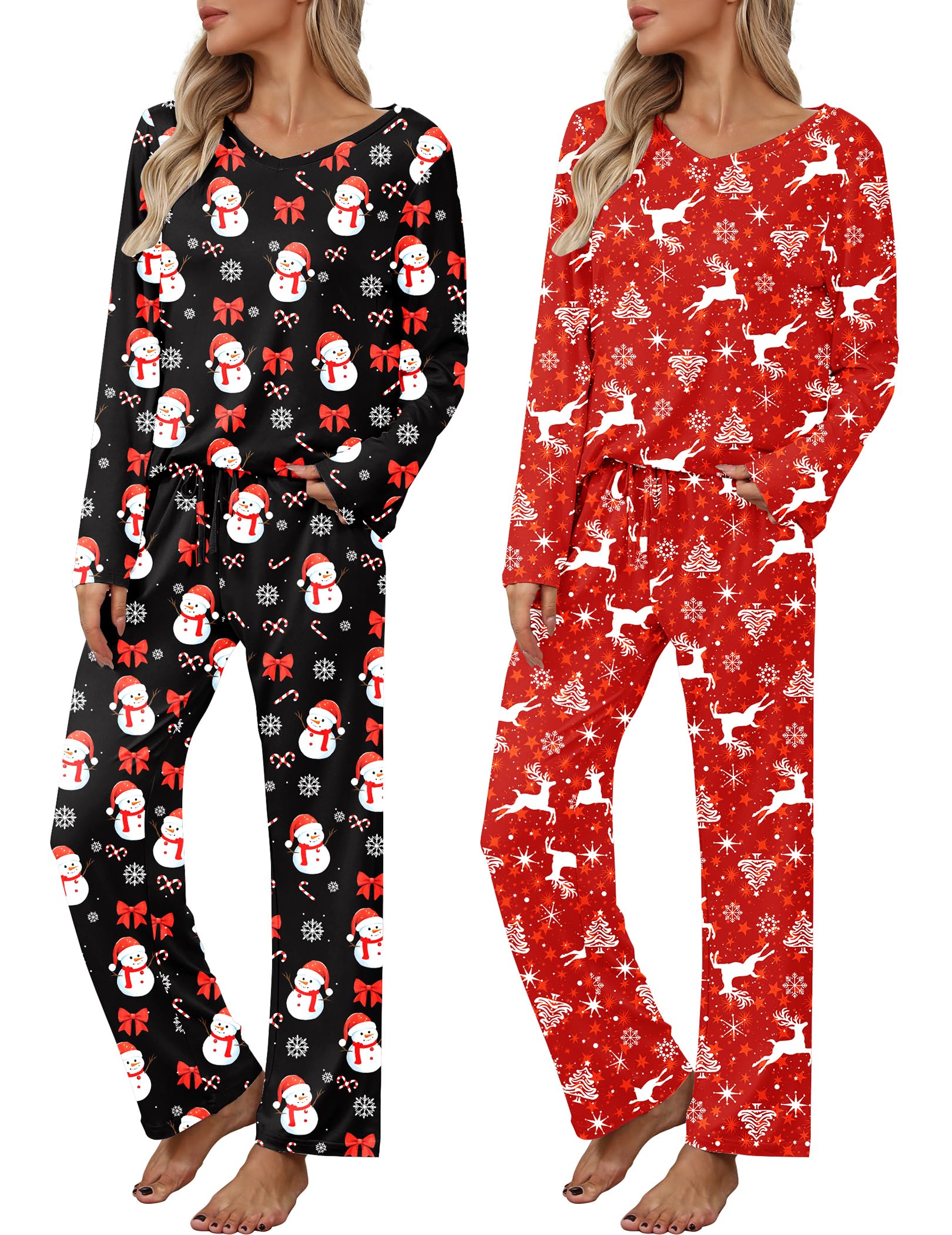 2 Pack: Women's Long Sleeve Pajama Sets - V Neck Top and Pants Lounge sets