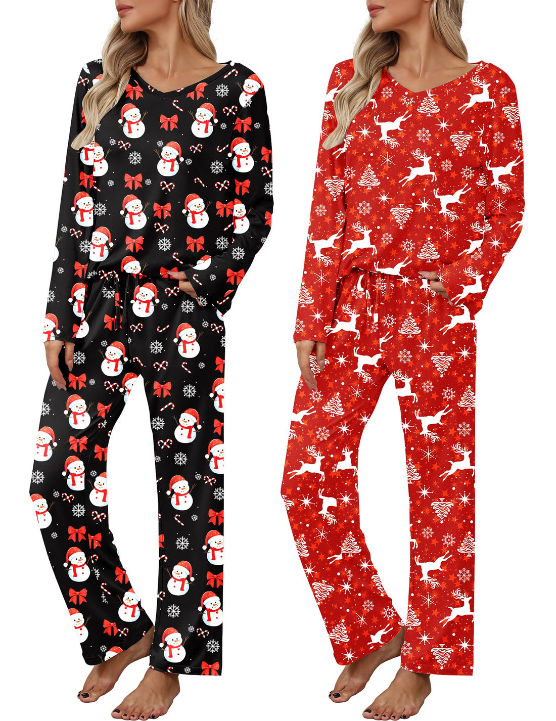 2 Pack: Women's Long Sleeve Pajama Sets - V Neck Top and Pants Lounge sets