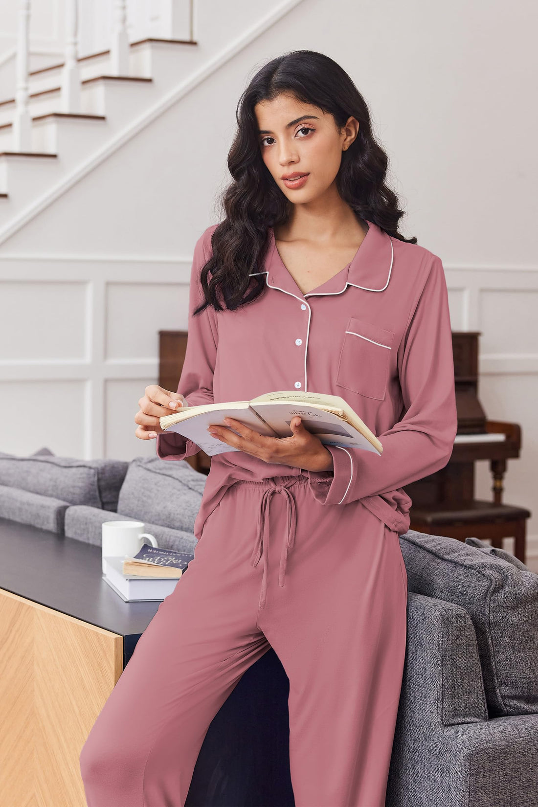 Ekouaer Women's Pajama Set Long Sleeve Lounge Set Soft Button Down Pjs