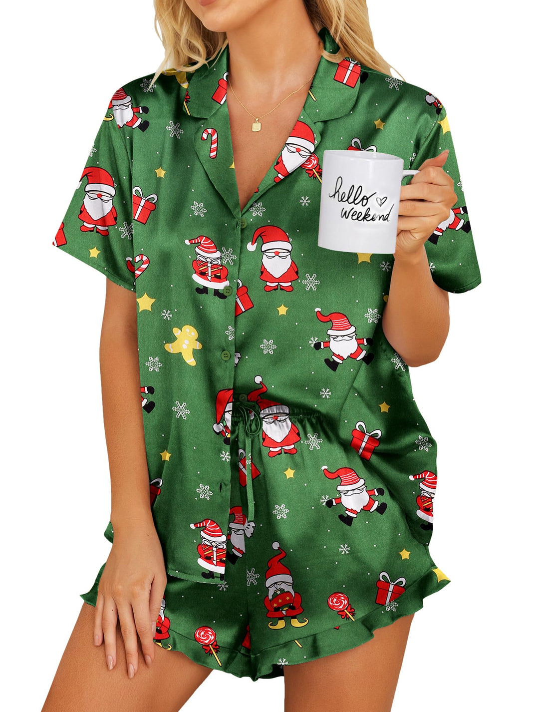 Ekouaer Womens Satin Pajamas Set Button Down 2 Piece Silk Pjs Shorts Set Ruffle Lingerie Notch Collar Sleepwear