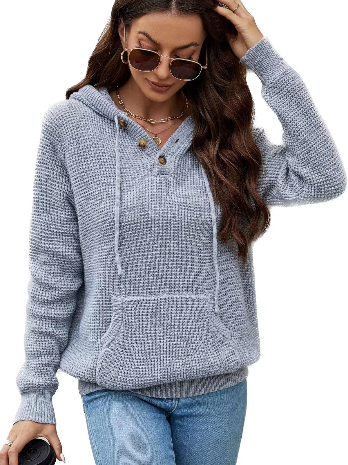 CiCiBird Women's Fall Hoodies Sweater V Neck Waffle Knit Top with Pocket | Loose Fit, V Neck Button, Adjustable Drawstring, Long Sleeve, Kangaroo Pocket, Weekend Errands, Daily Wear, Work Casual