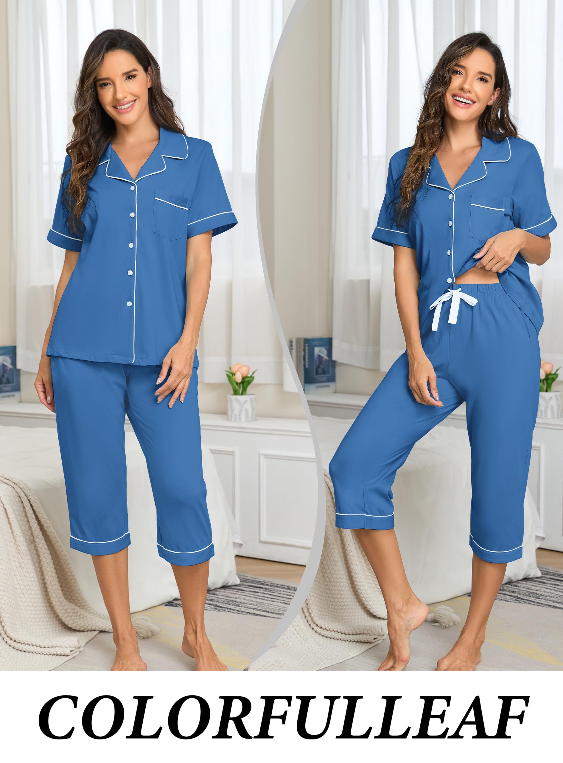 COLORFULLEAF 100% Cotton Women's Pajama Sets Short Sleeve Capri Pajamas for Women Set Button Down Pjs Soft Sleepwear Summer