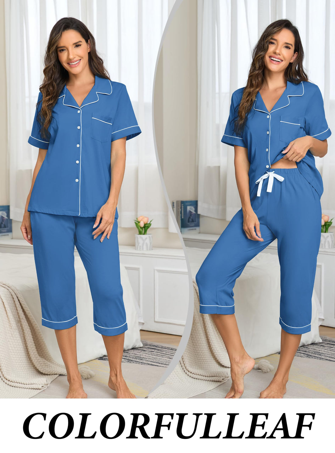 COLORFULLEAF 100% Cotton Women's Pajama Sets Short Sleeve Capri Pajamas for Women Set Button Down Pjs Soft Sleepwear Summer