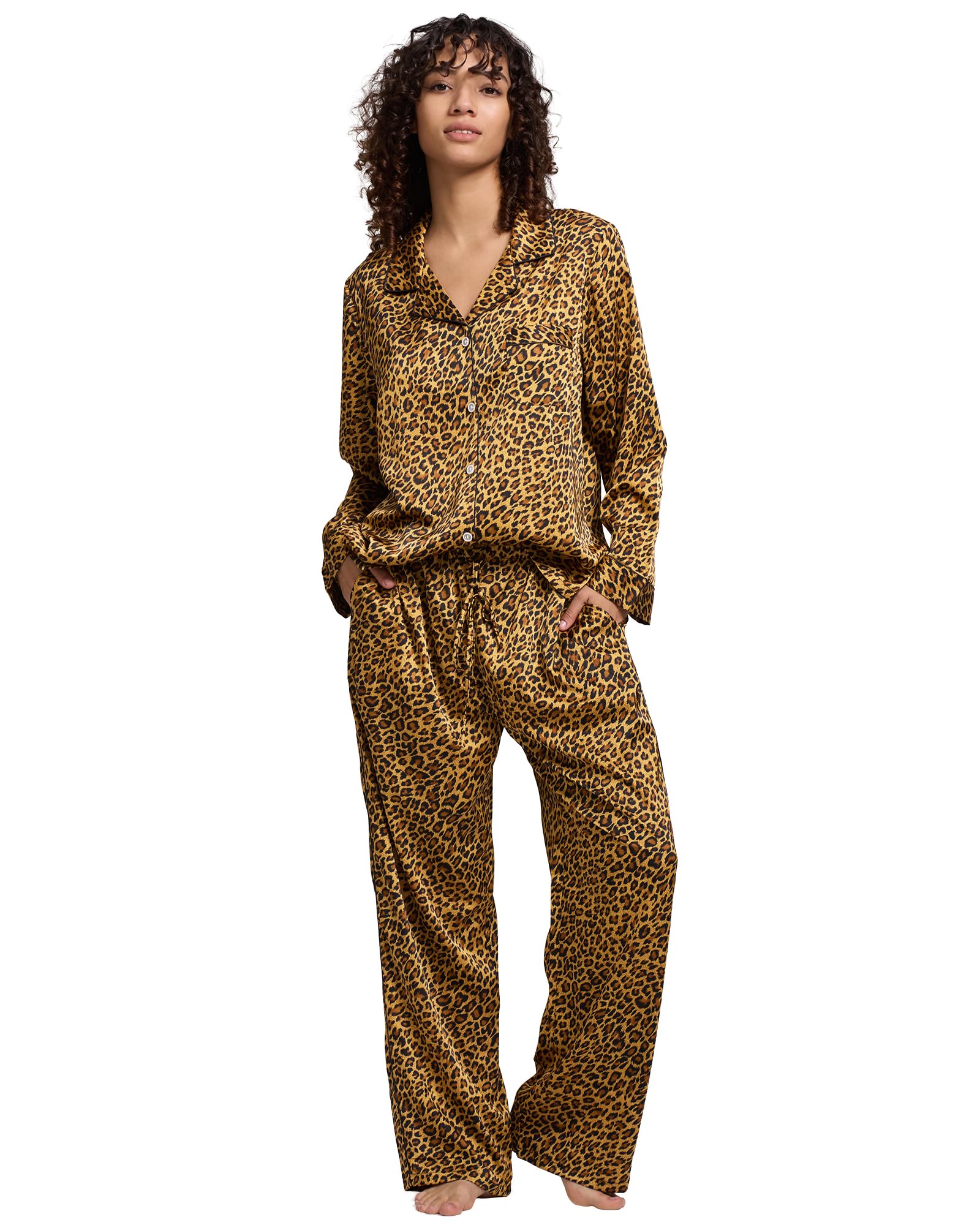 YiNi LuLu Womens Silk Satin Pajamas Set Button Down 2 Piece Pjs Long Sleeve Oversized Sleepwear with Pockets