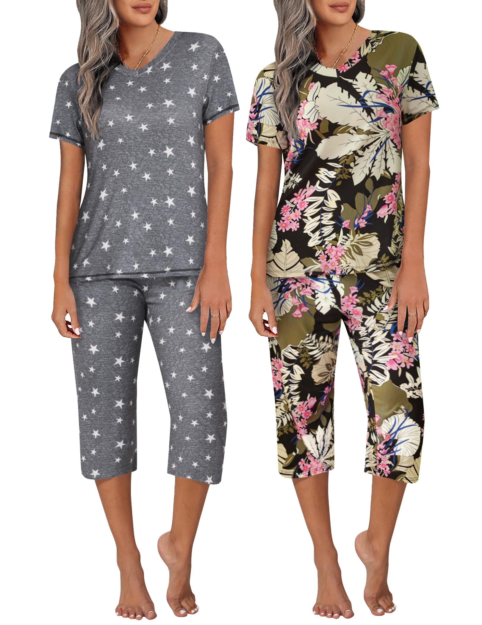 Ekouaer 2 Pack Women's Capri Pajama Sets Short Sleeve Two-Piece Pjs V Neck Tops & Pants Printed Lounge Sets S-3XL