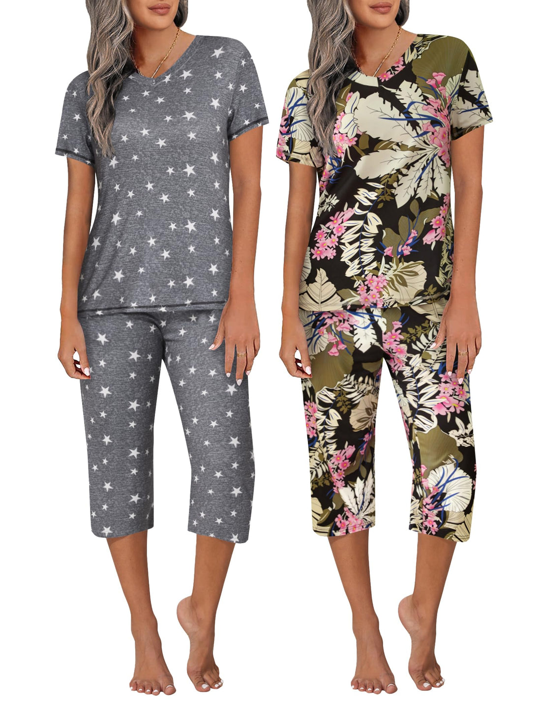 Ekouaer 2 Pack Women's Capri Pajama Sets Short Sleeve Two-Piece Pjs V Neck Tops & Pants Printed Lounge Sets S-3XL