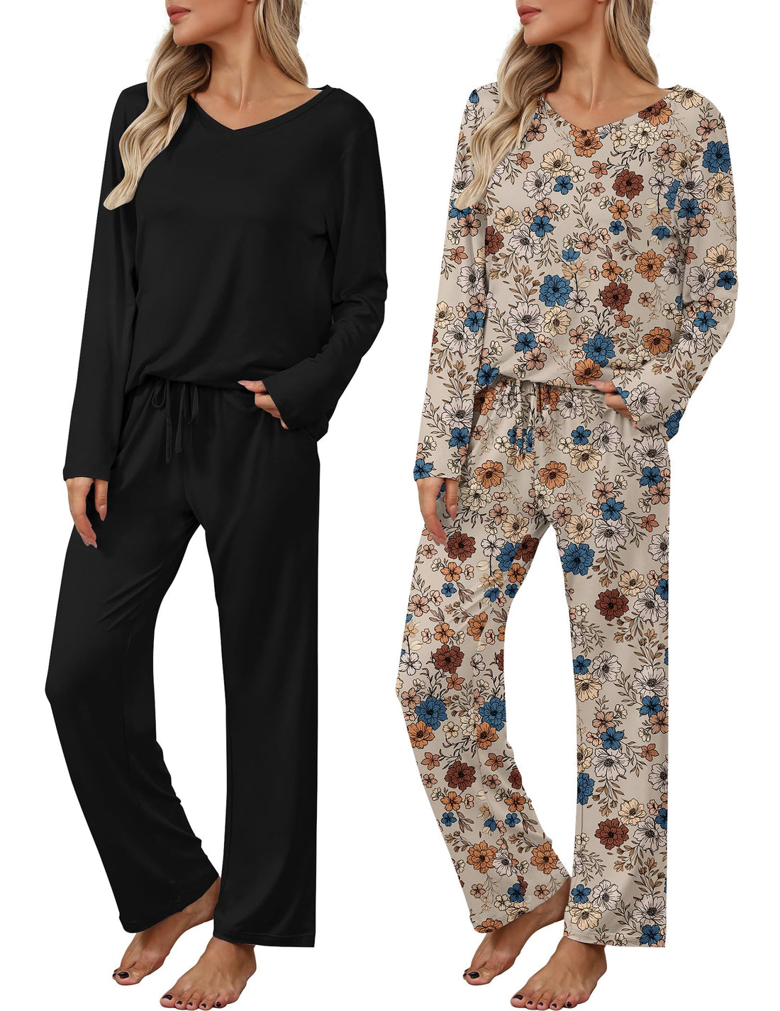 2 Pack: Women's Long Sleeve Pajama Sets - V Neck Top and Pants Lounge sets