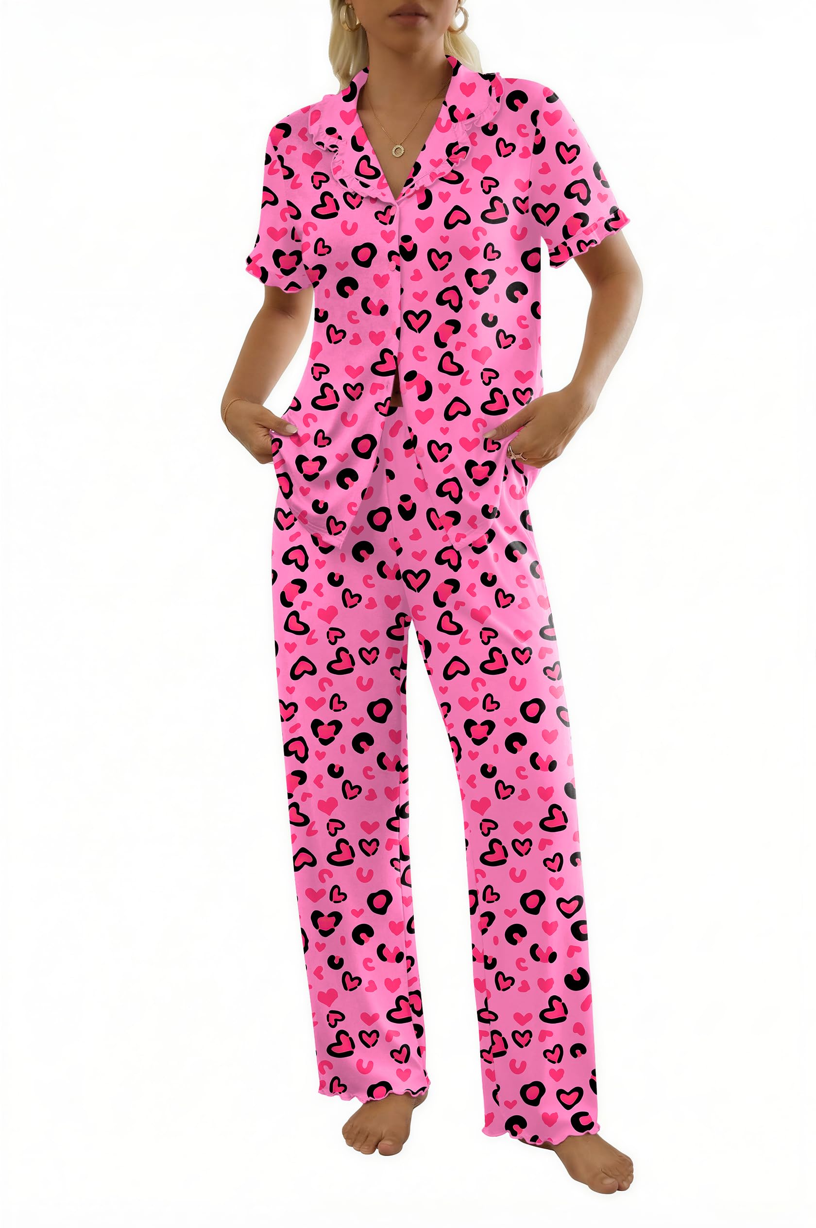 Ekouaer Womens Pajama Sets Short Sleeve Printed PJs Button Down Sleepwear