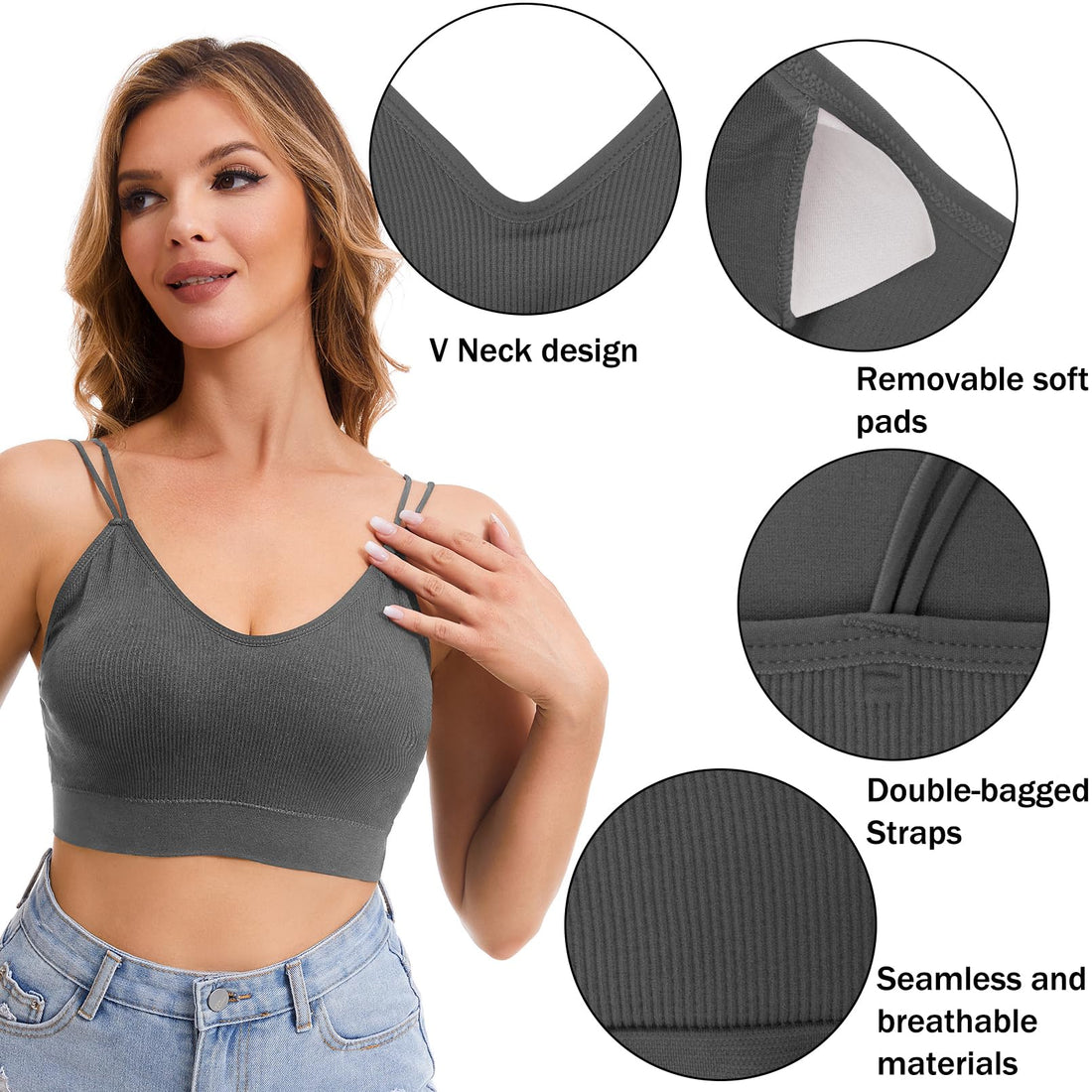 BQTQ 6 Pcs V Neck Bralettes for Women Padded Bralette with Straps Seamless Bra