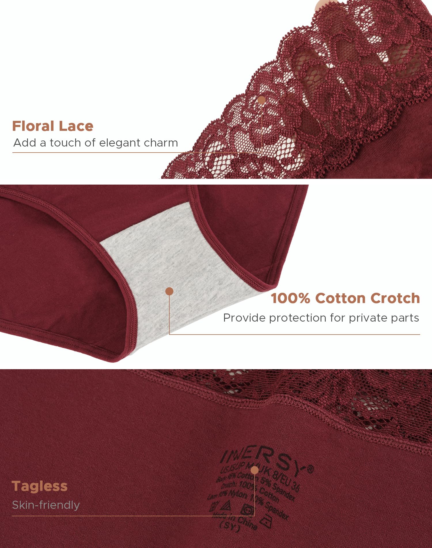 INNERSY Women's Cotton Underwear Lace High Waisted Panties 5-Pack