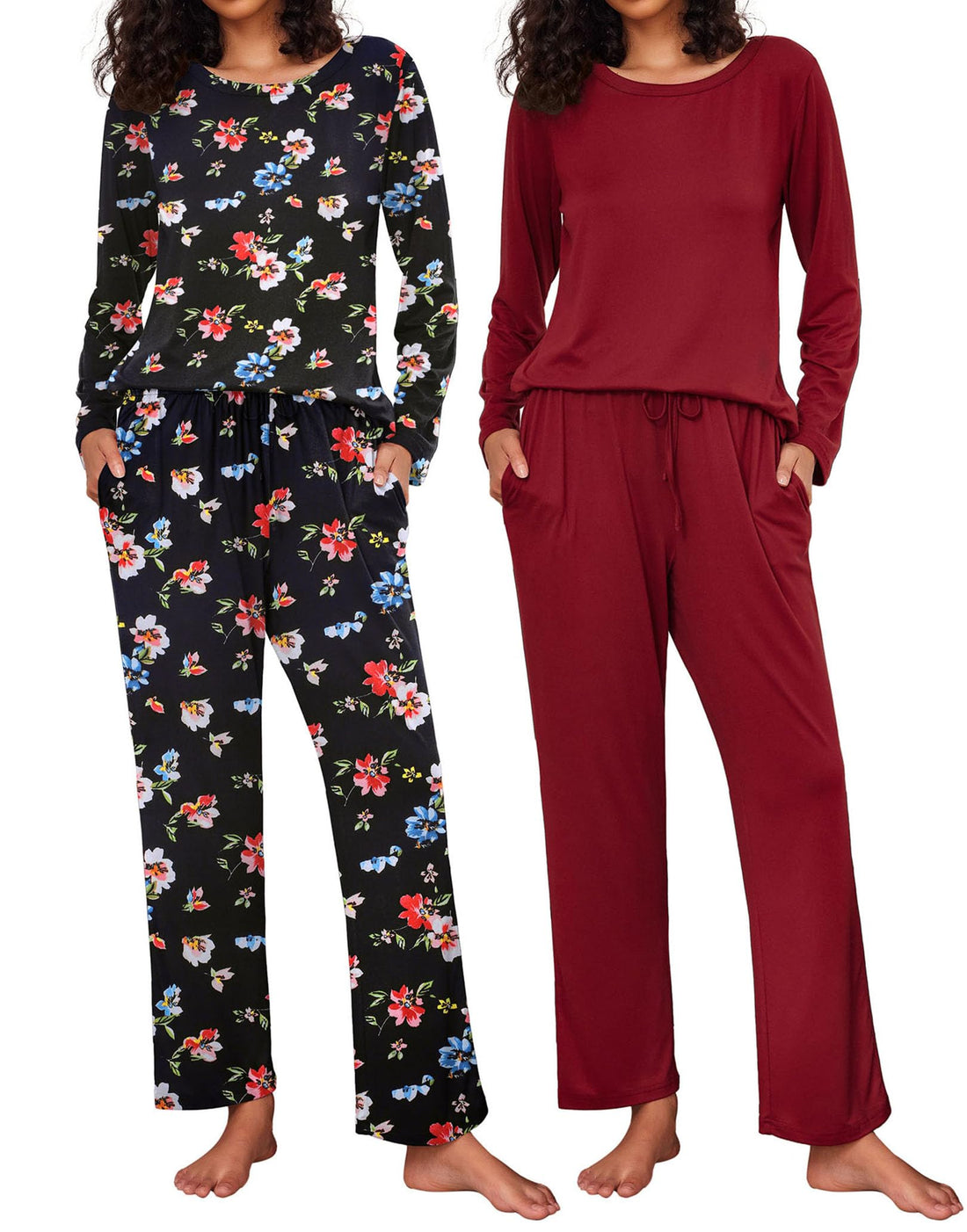 Ekouaer Women's 2 Pack Pajama Sets Long Sleeve Lounge Set Soft Comfy Pjs
