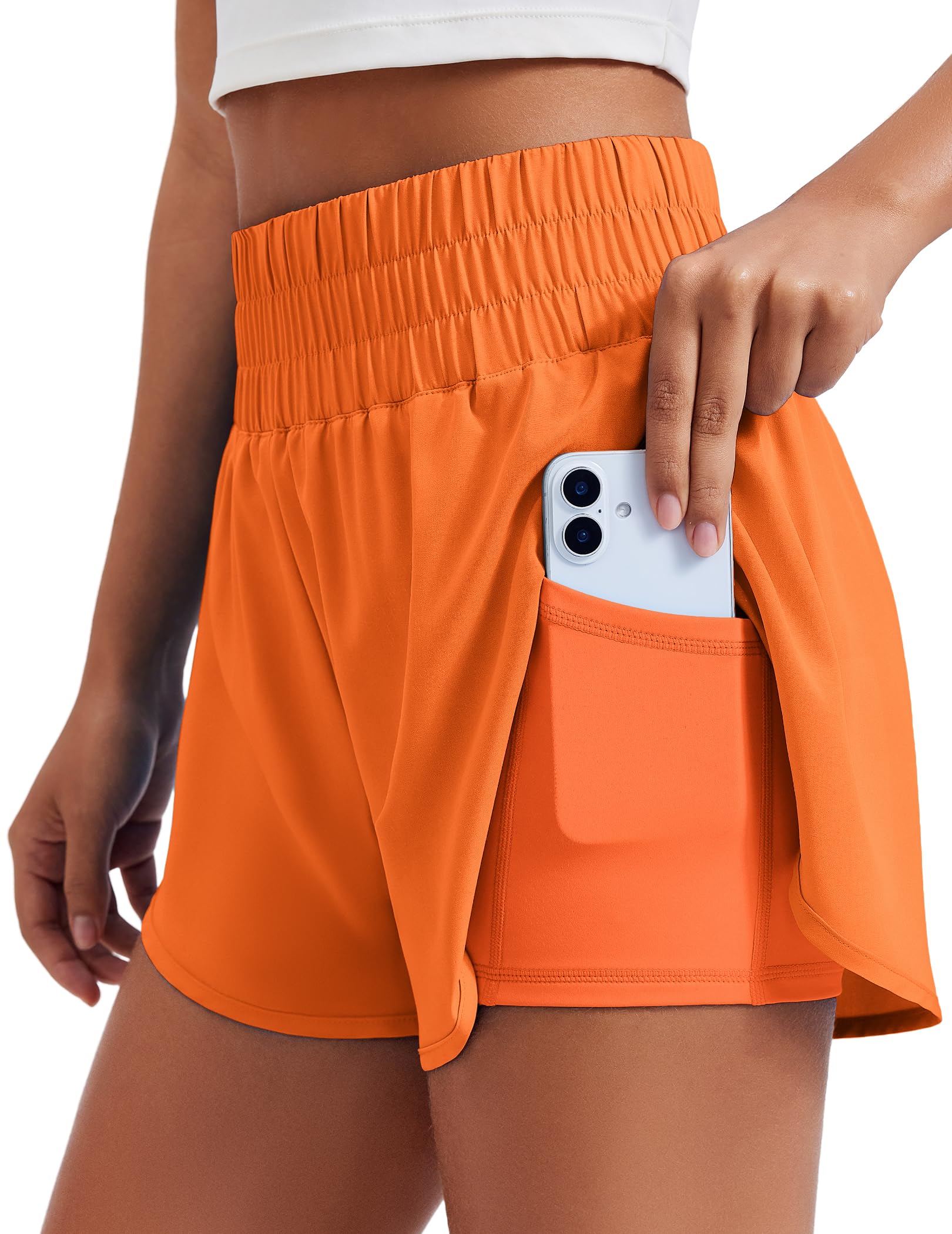 PINSPARK Women's 2 in 1 Running Shorts High-Split Athletic Short High Waisted 3" Liner Workout Gym Short with Pockets