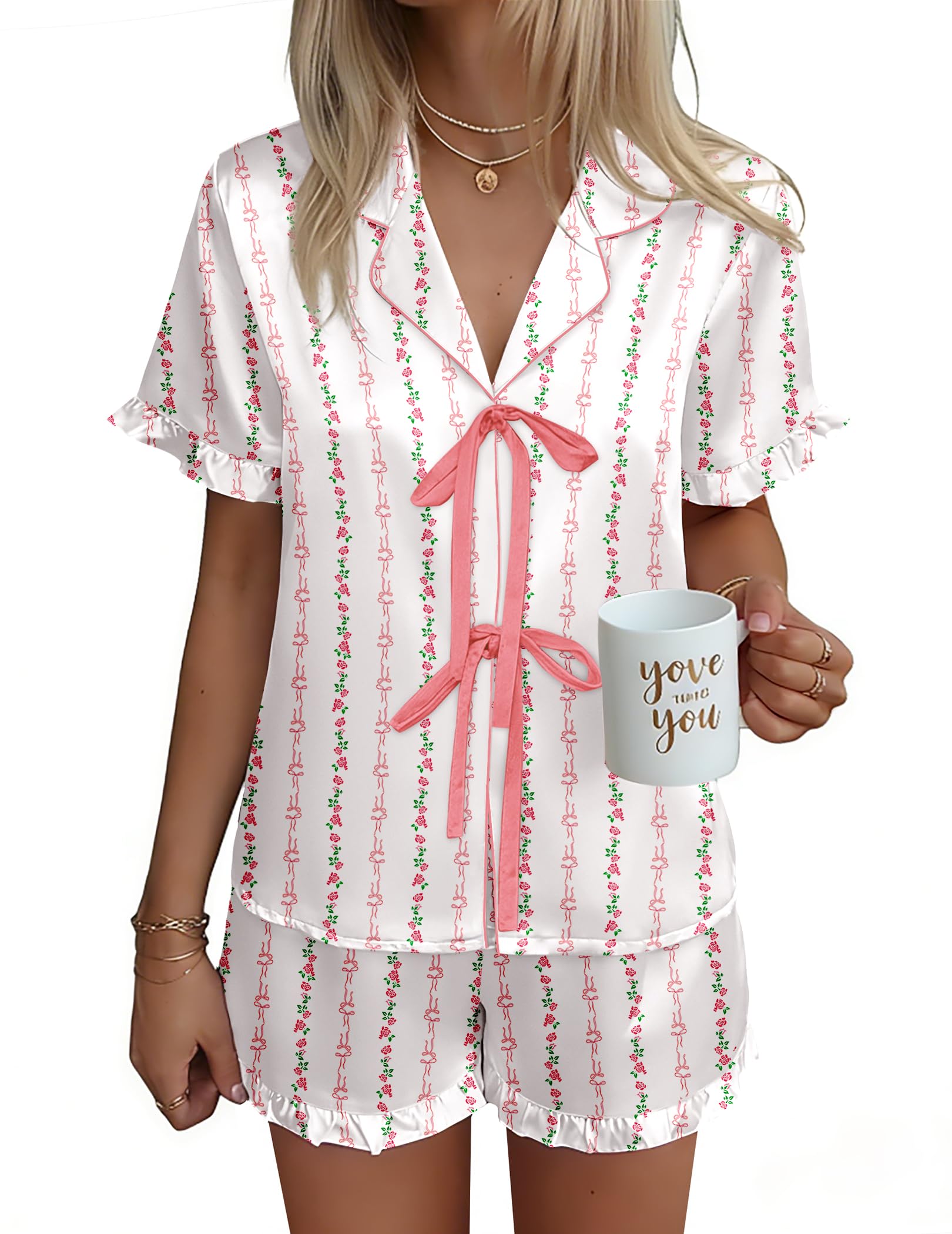 Ekouaer Satin Pajama for Women Short Sleeve Silky Pj Short Sets Lounge Set