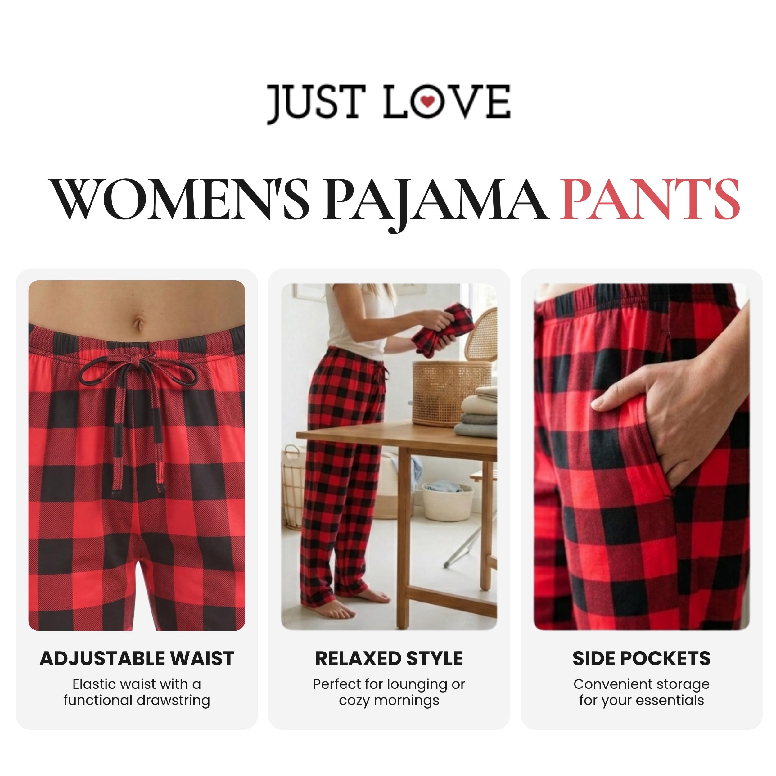 Just Love Women's Pajama Pants, Soft Stretch Jersey PJ Bottoms with Two Pockets, Elastic Waist and Drawstring