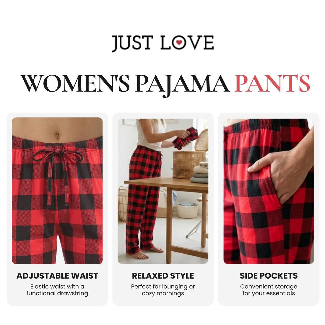 Just Love Women's Pajama Pants, Soft Stretch Jersey PJ Bottoms with Two Pockets, Elastic Waist and Drawstring