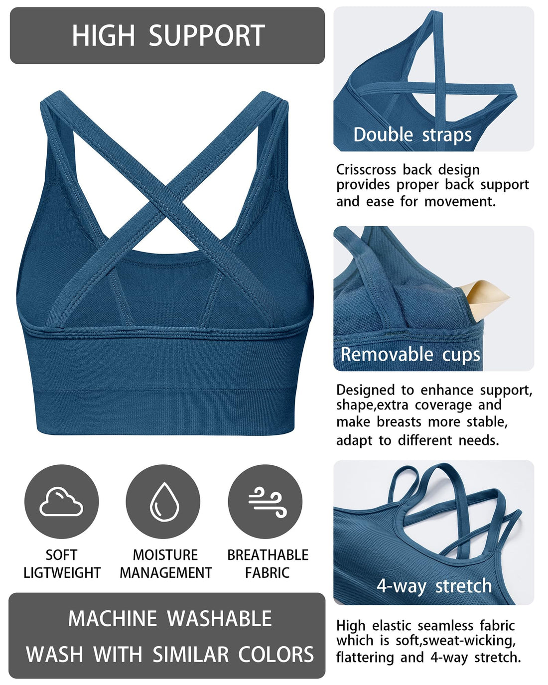 Sports Bras for Women HIigh Support, Criss-Cross Back Padded Strappy High Impact Sports Bras for Women Large Bust