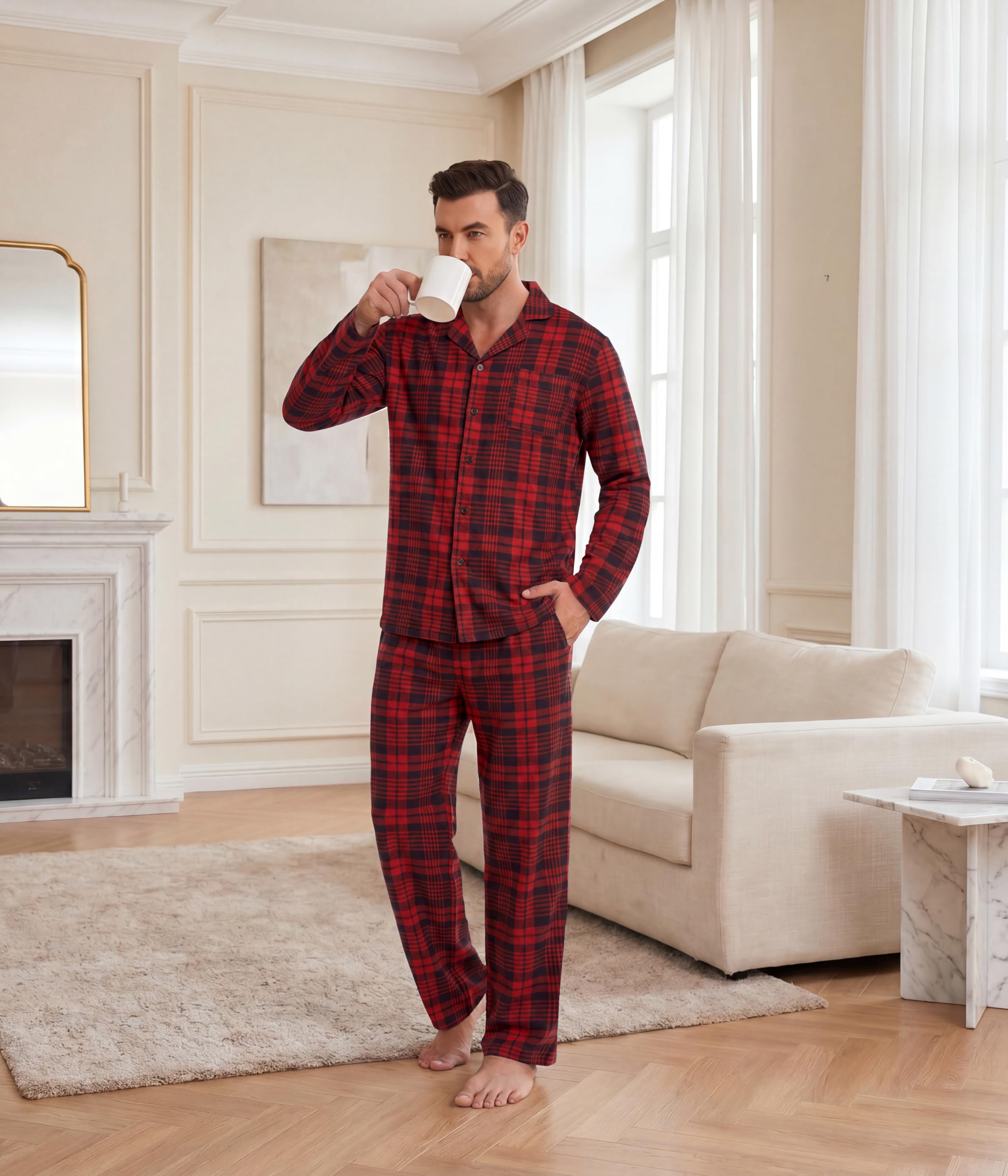 Ekouaer Mens Pajamas Set Long Sleeve Button Down Pjs Long Pants with Pocket