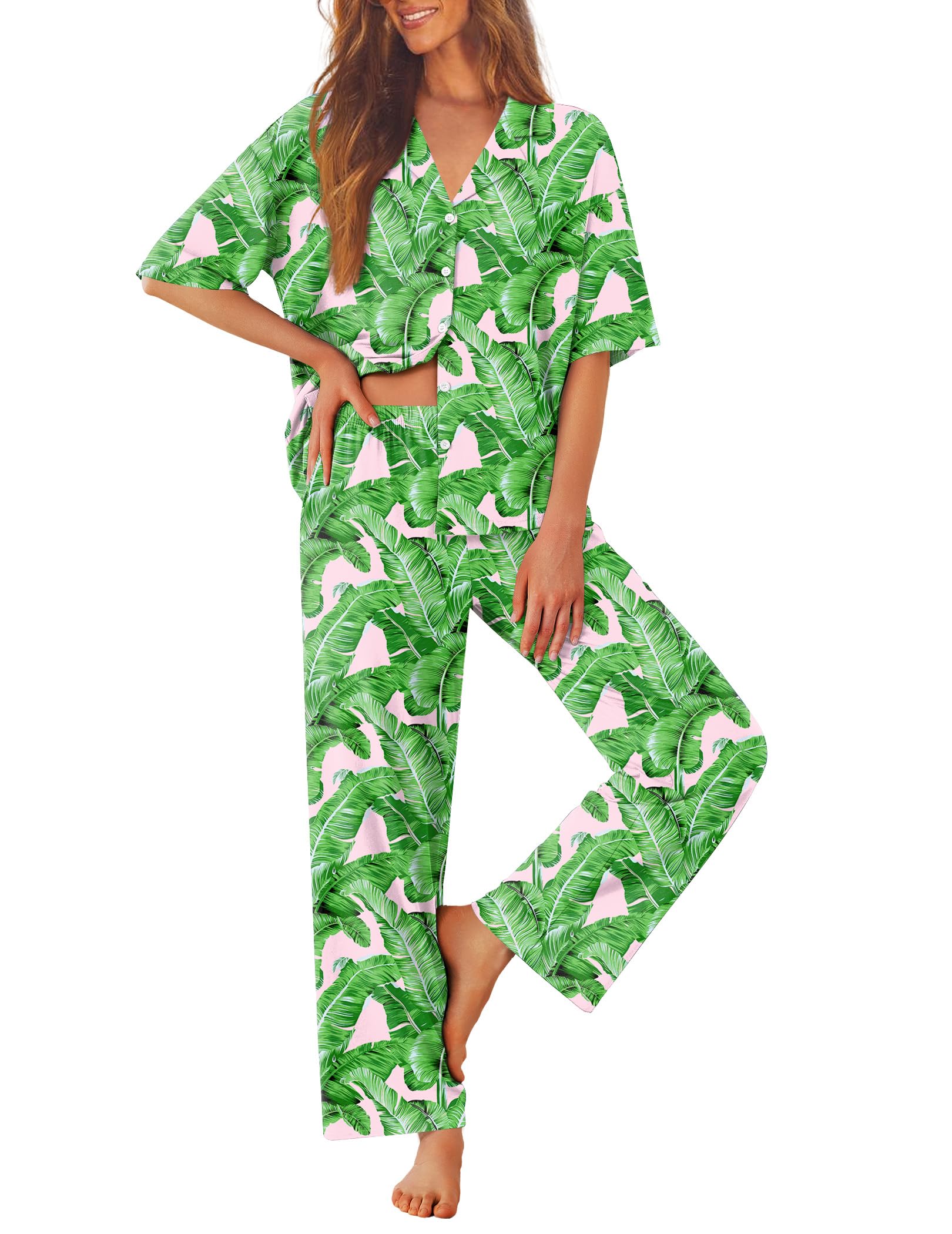 Ekouaer Women Pajamas Set Button Down Sleepwear Short Sleeve Pjs Long Pants